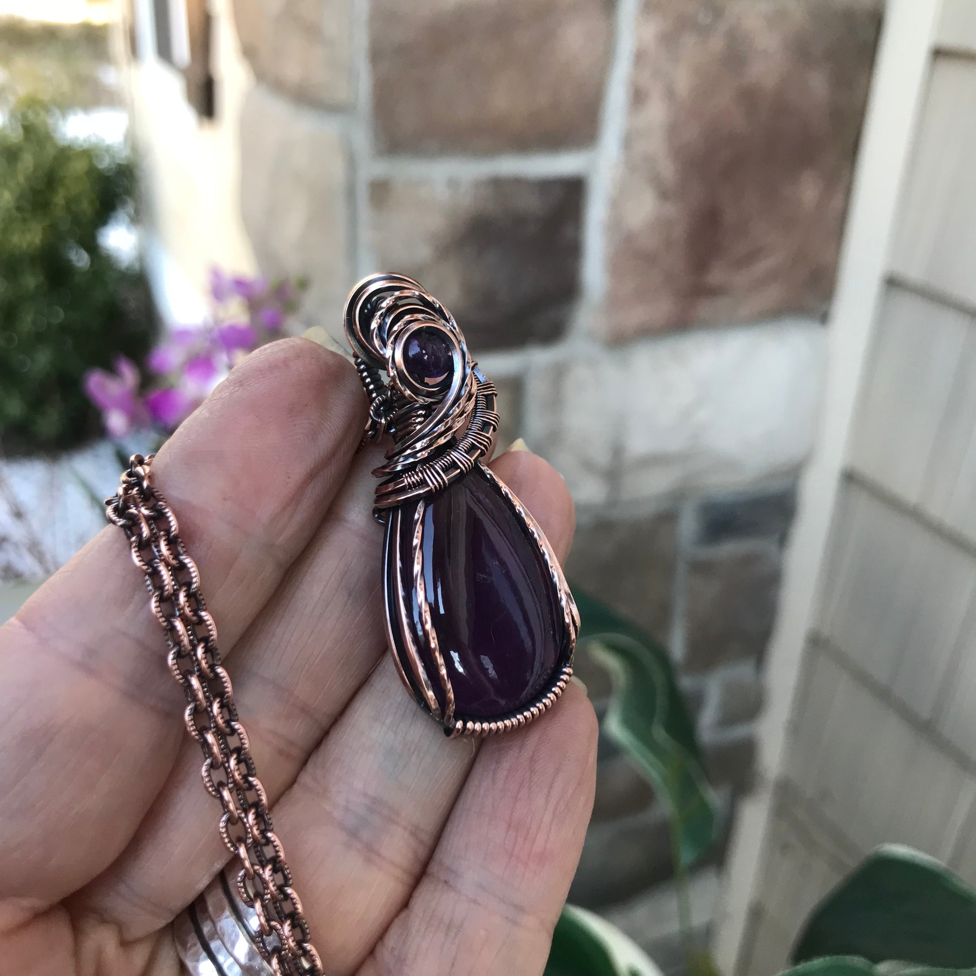 Amethyst with Amethyst Accent Teardrop Copper Pendant