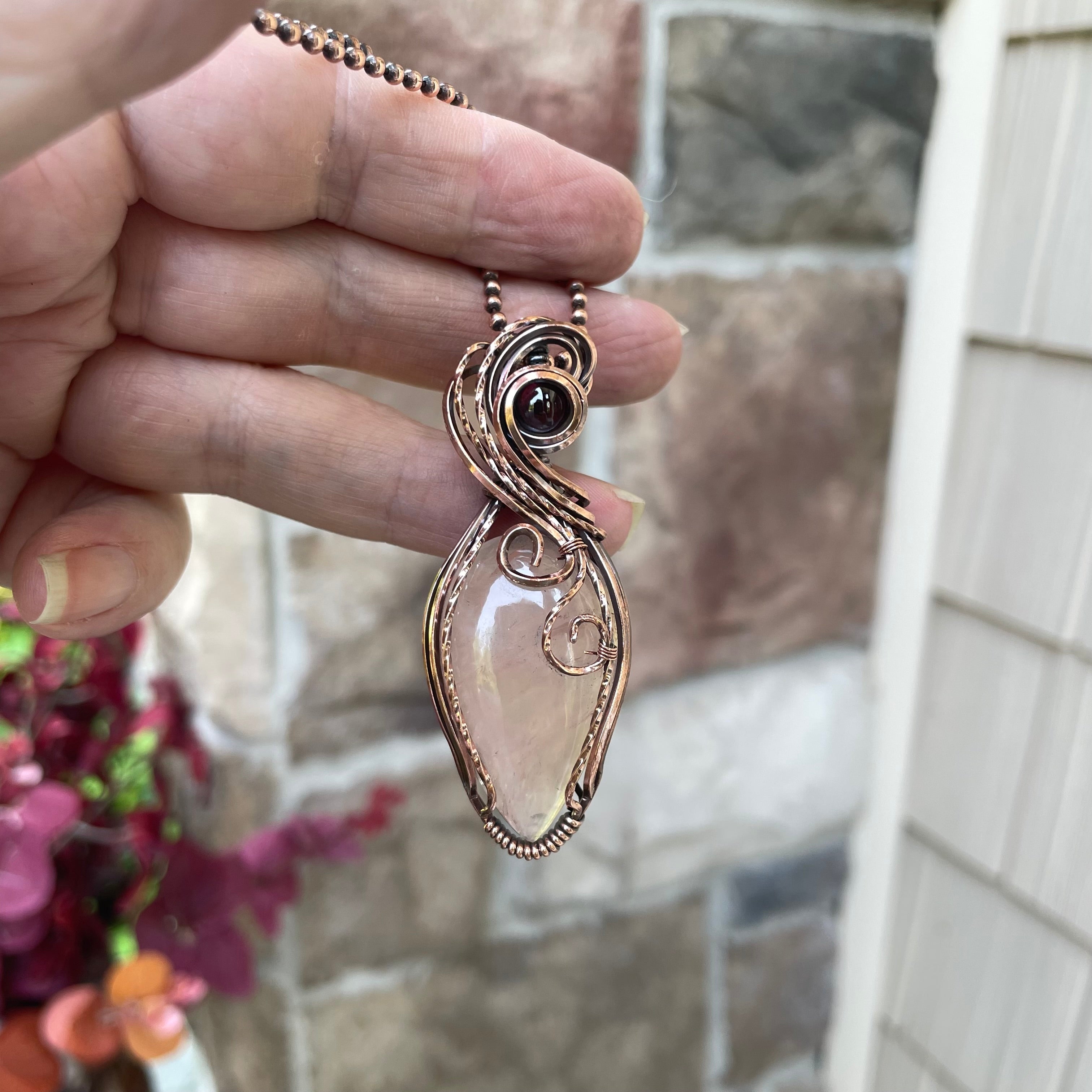 Rose Quartz & Garnet Swirly Copper Necklace