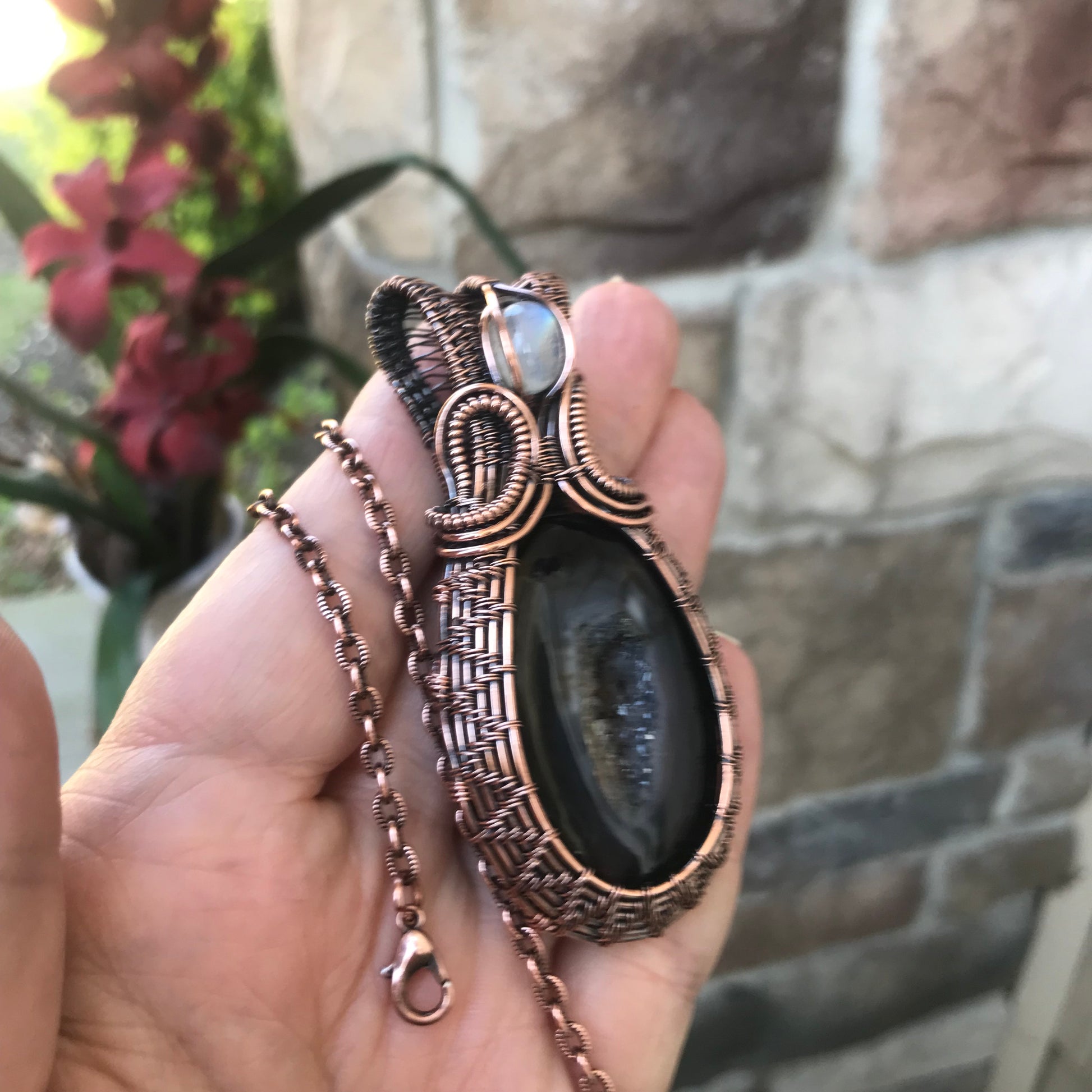Onyx Druzy & Moonstone Woven Copper Necklace