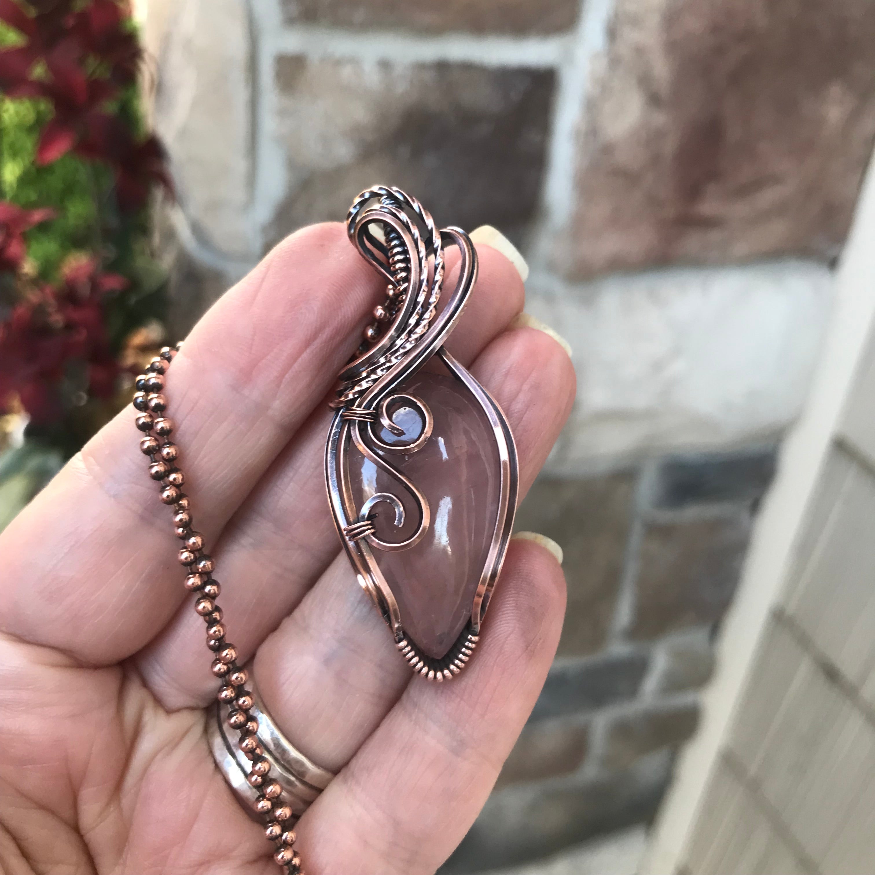 Rose Quartz Swirly Copper Pendant