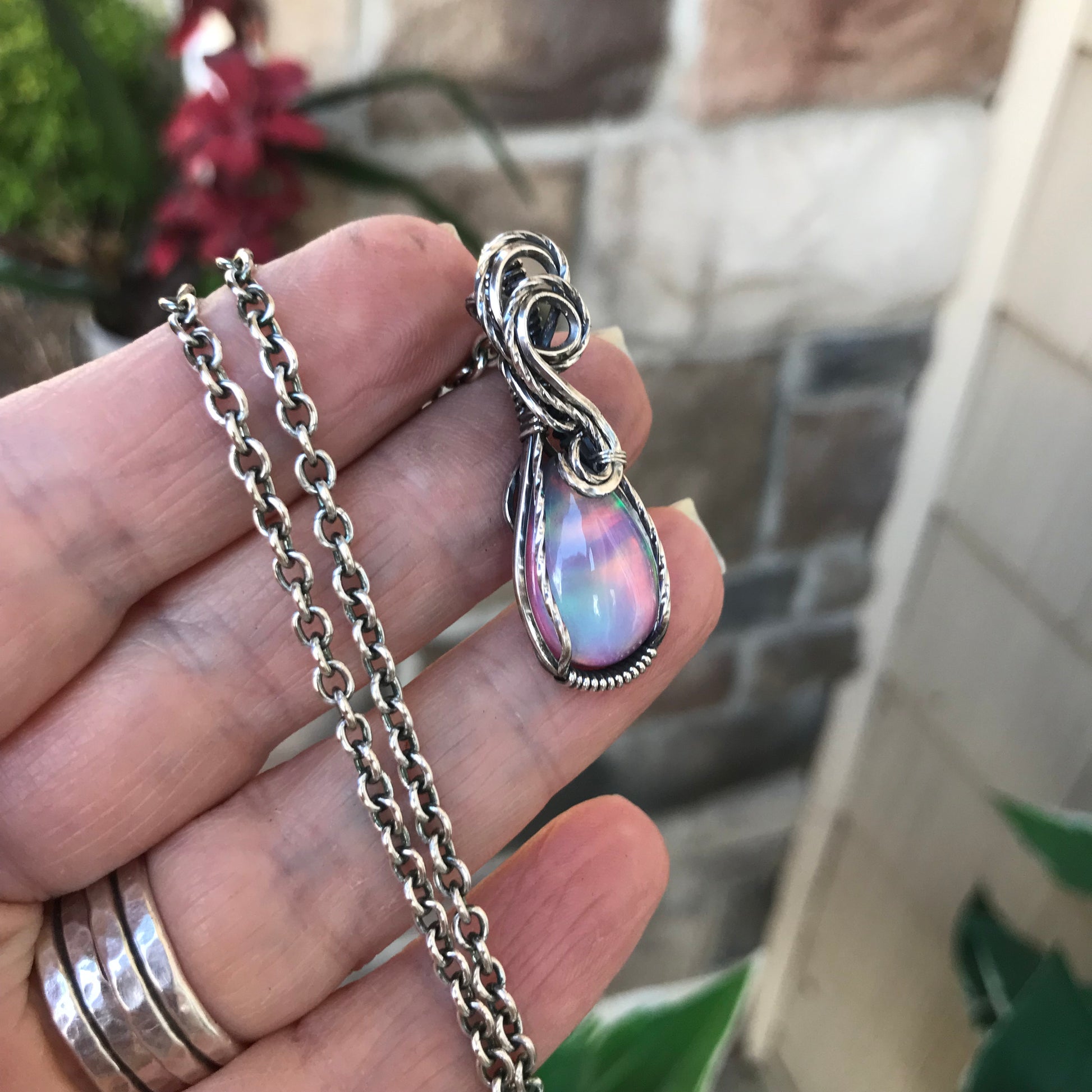 Aurora Opal Sterling Silver Pendant