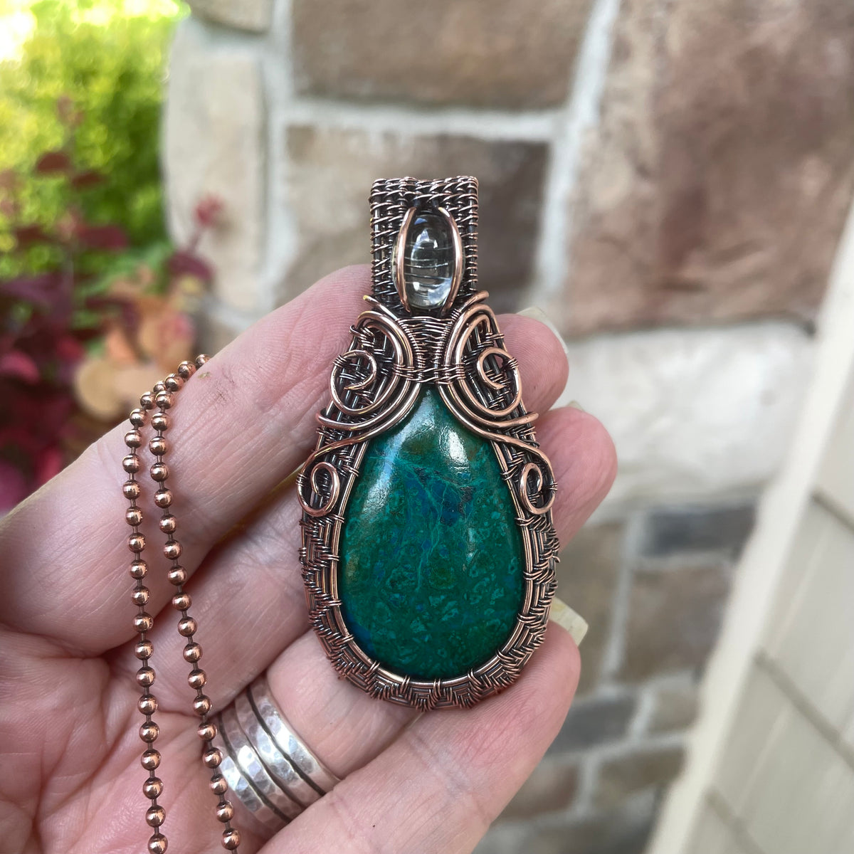 Chrysocolla & Prasiolite Woven Copper Pendant