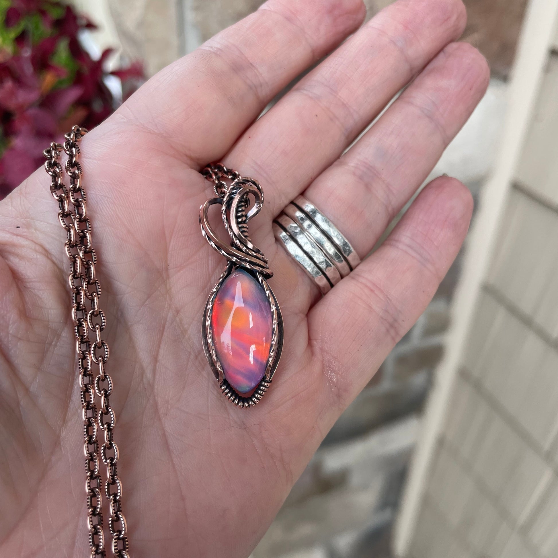 Aurora Opal Orange Pink Marquis Copper Necklace