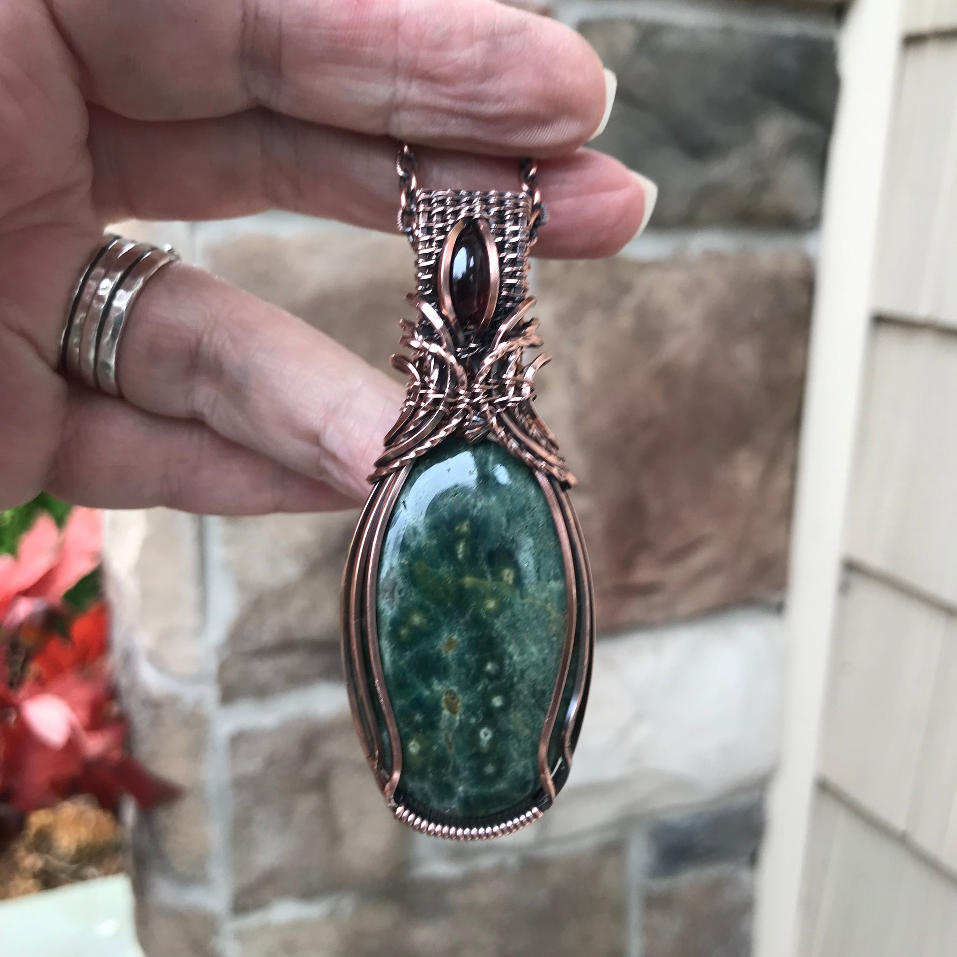 Ocean Jasper & Garnet Copper Pendant