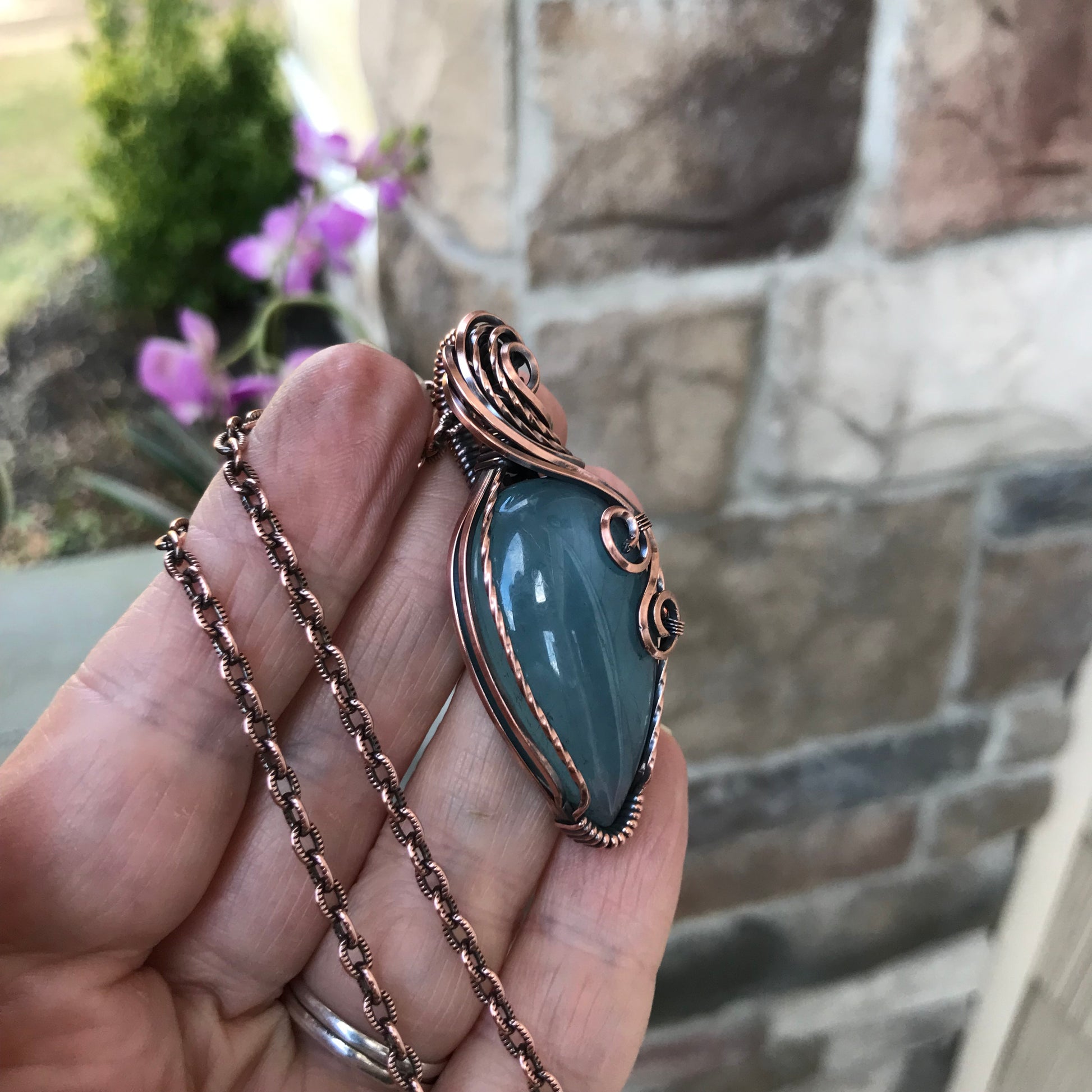 Aquamarine Teardrop Swirly Copper Pendant