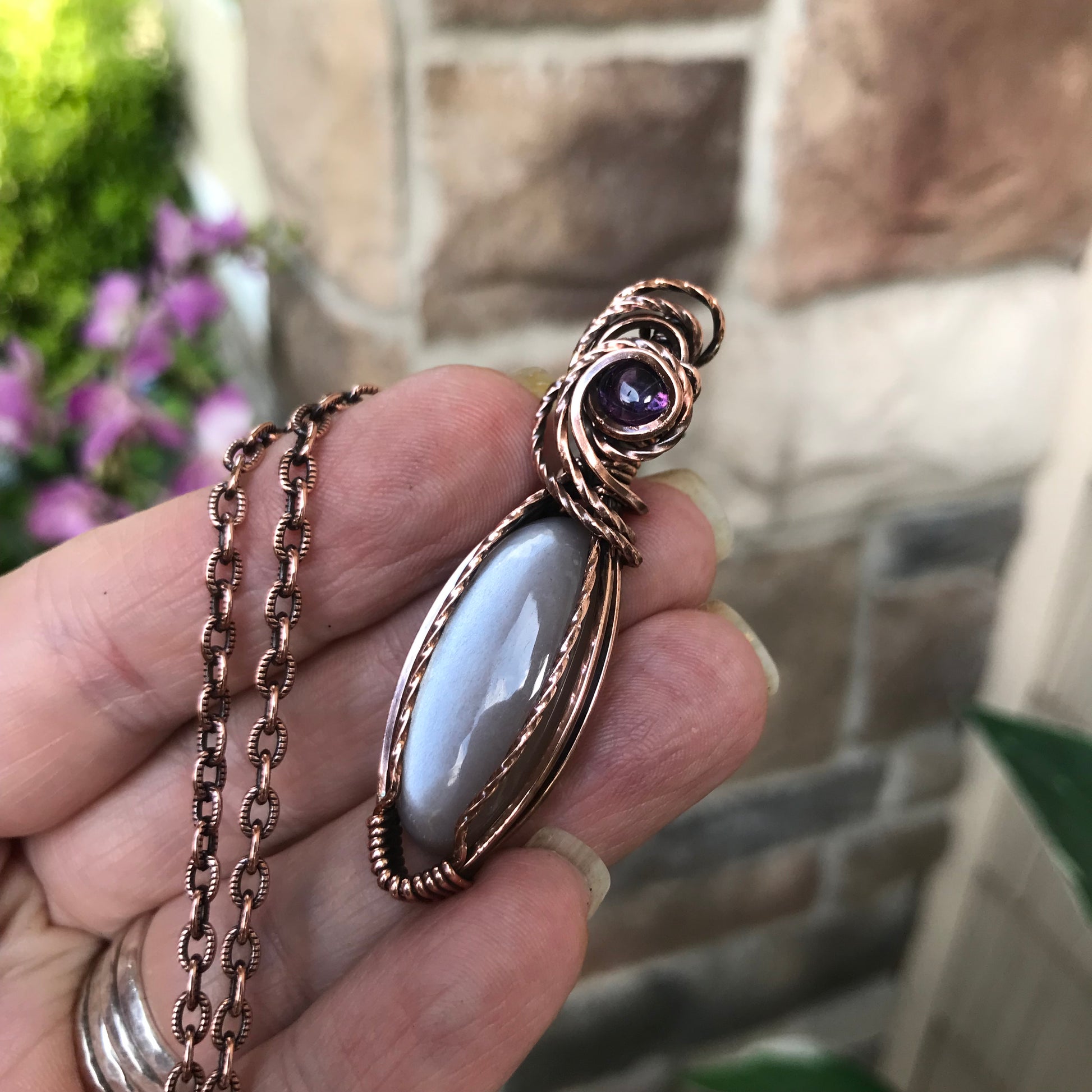 Gray Moonstone & Amethyst Slender Oval Copper Necklace