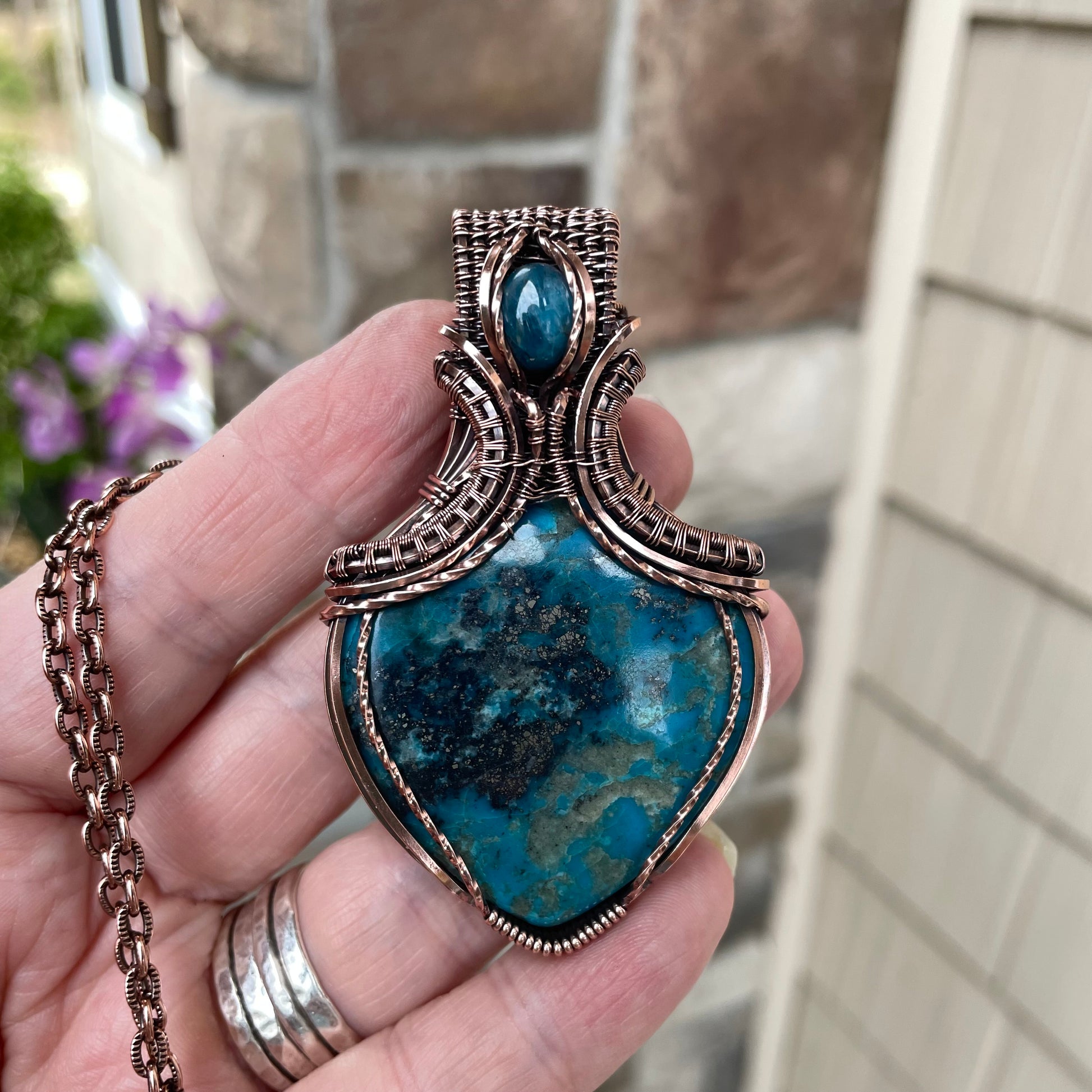 Turquoise & Apatite Copper Pendant with Weaving