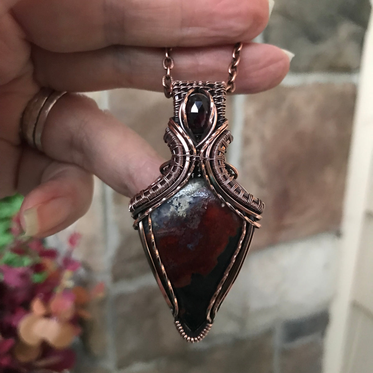 Crazy Lace Agate  & Garnet Copper Pendant with Weaving