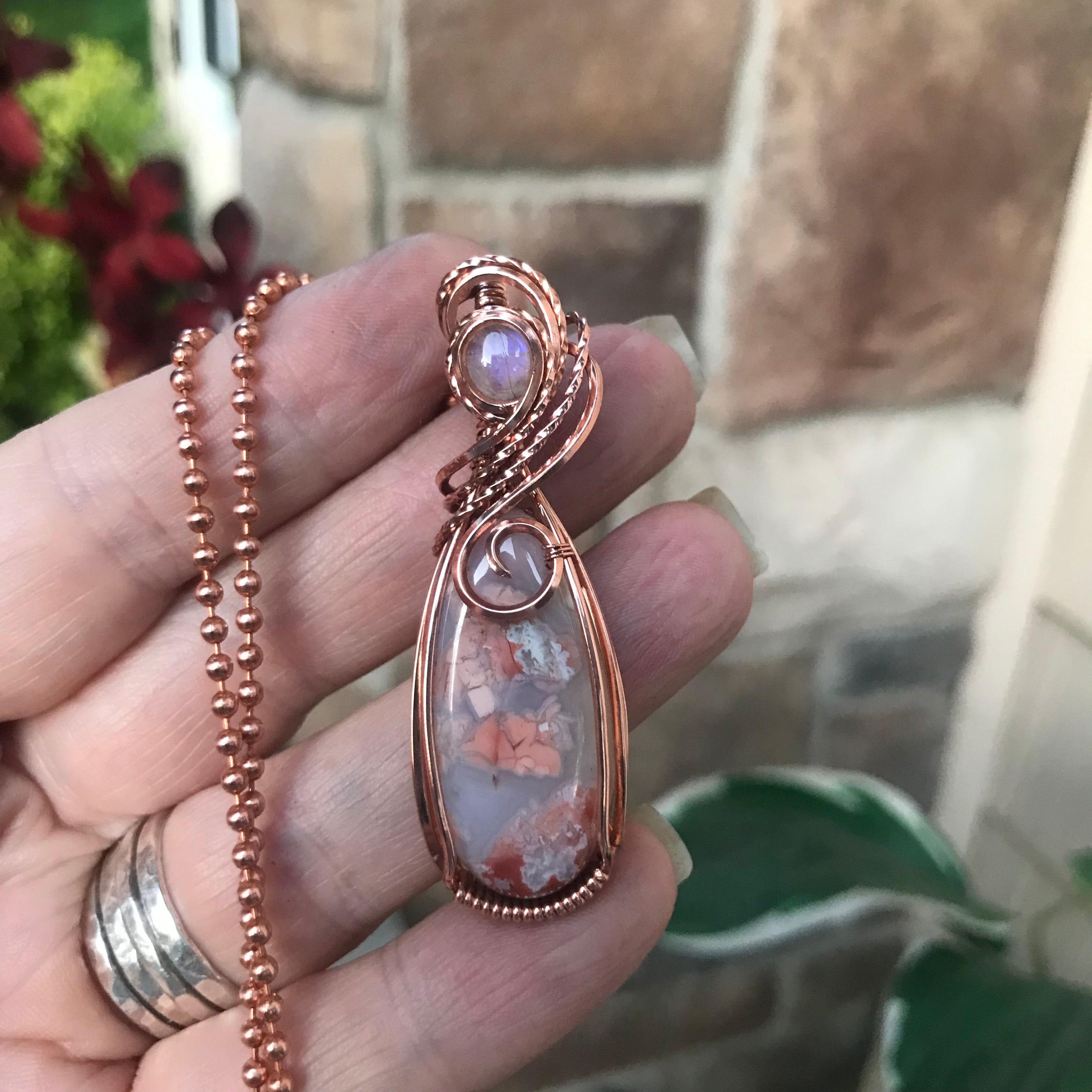 Cotton Candy Agate & Moonstone Shiny Copper Pendant