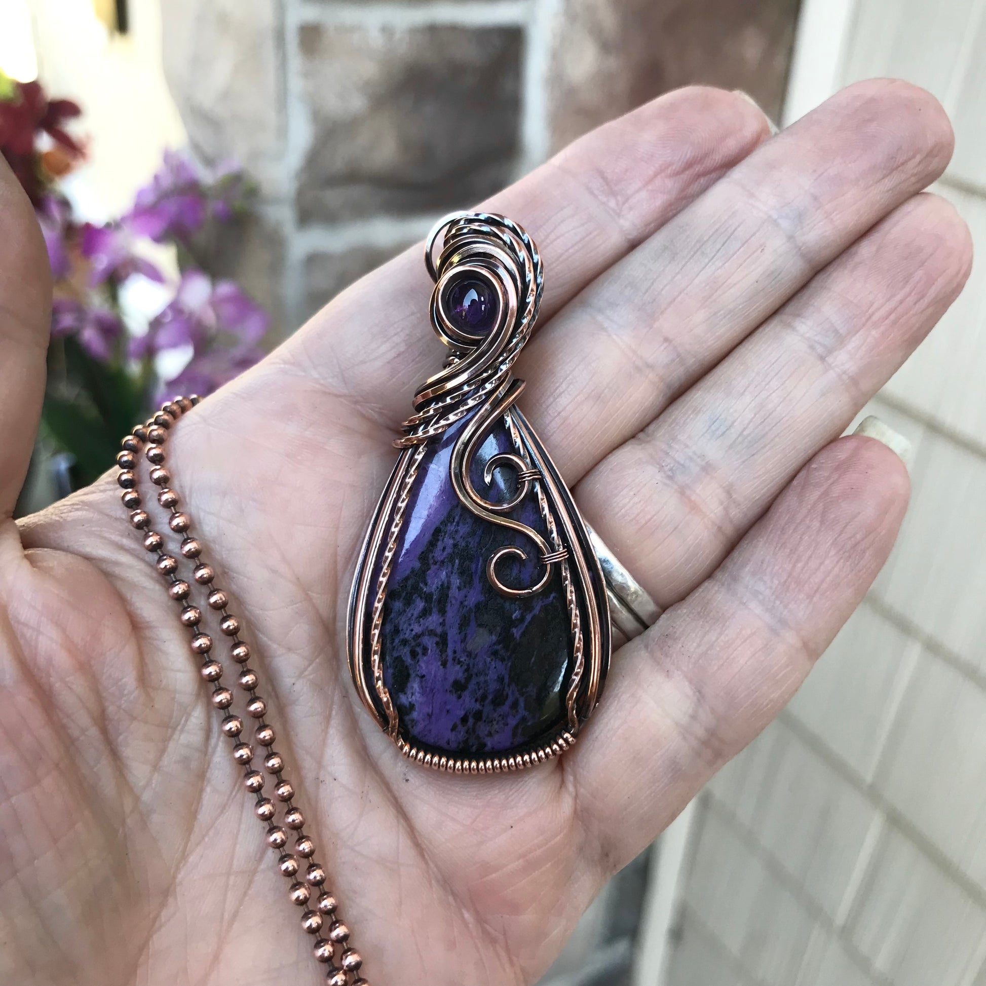 Charoite & Amethyst Copper Pendant