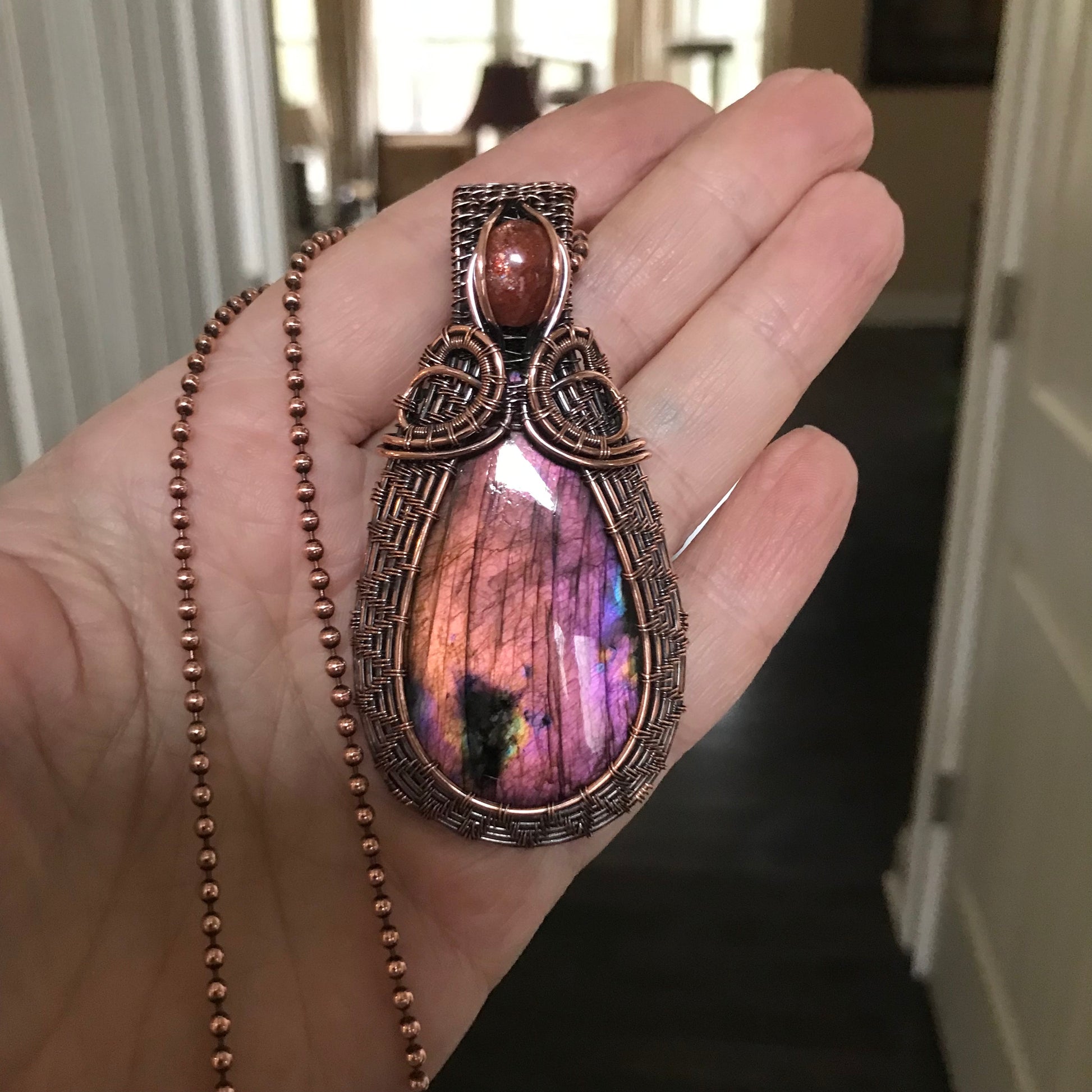 Orange Pink Labradorite & Sunstone Woven Pendant