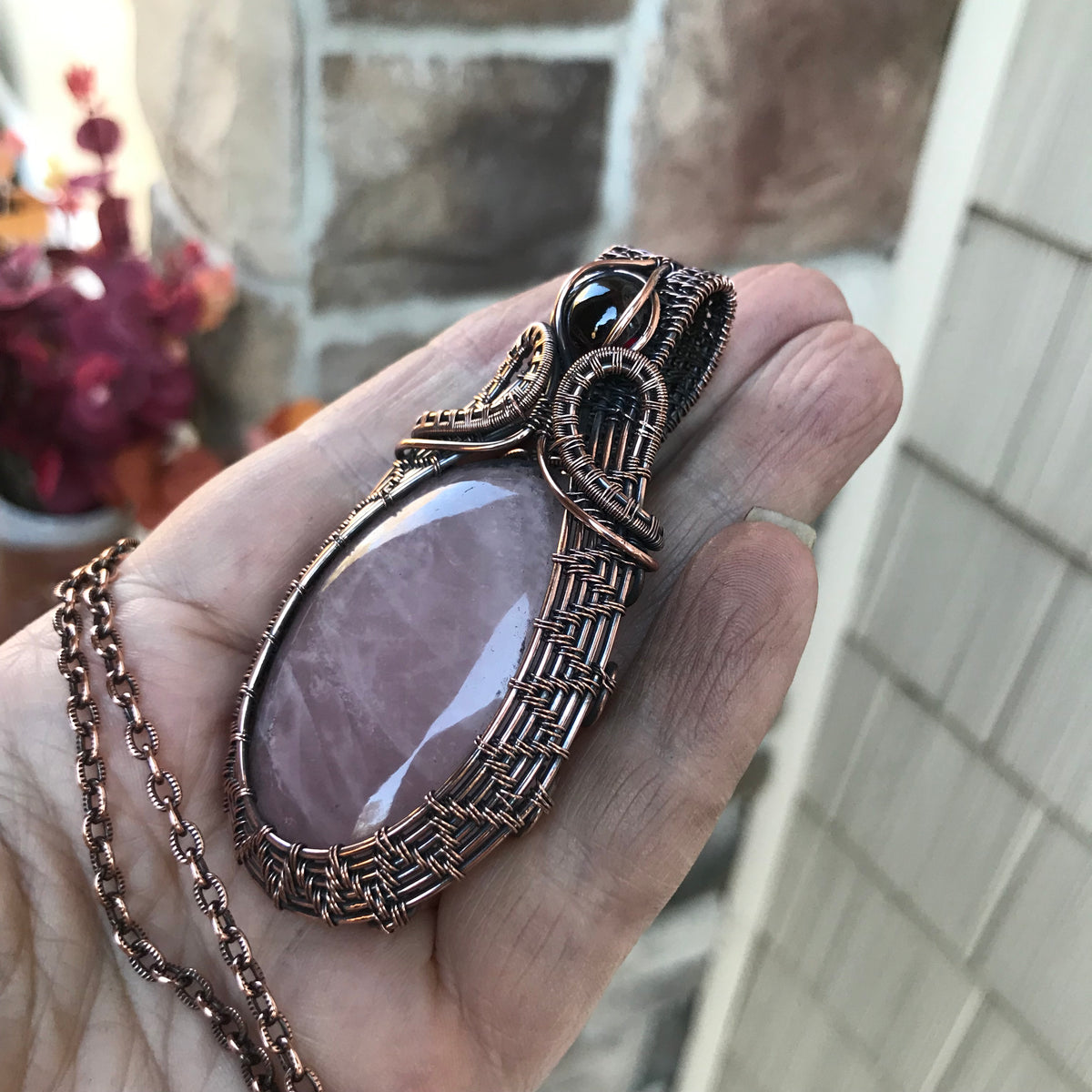 Rose Quartz & Garnet Copper Woven Pendant