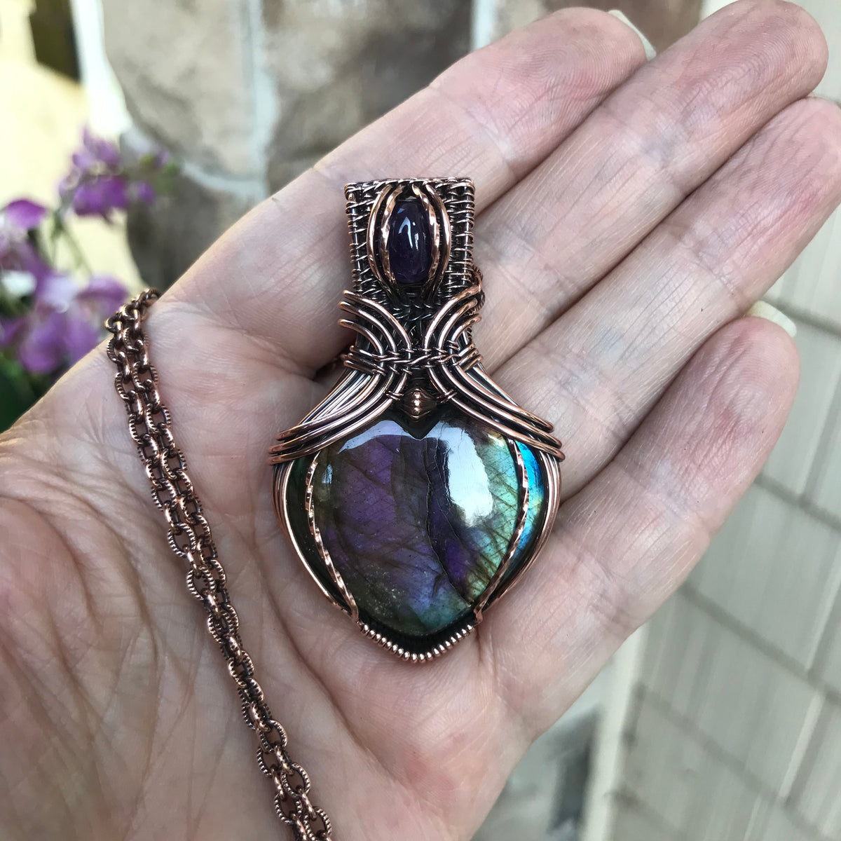 Rainbow Labradorite & Amethyst Copper Pendant