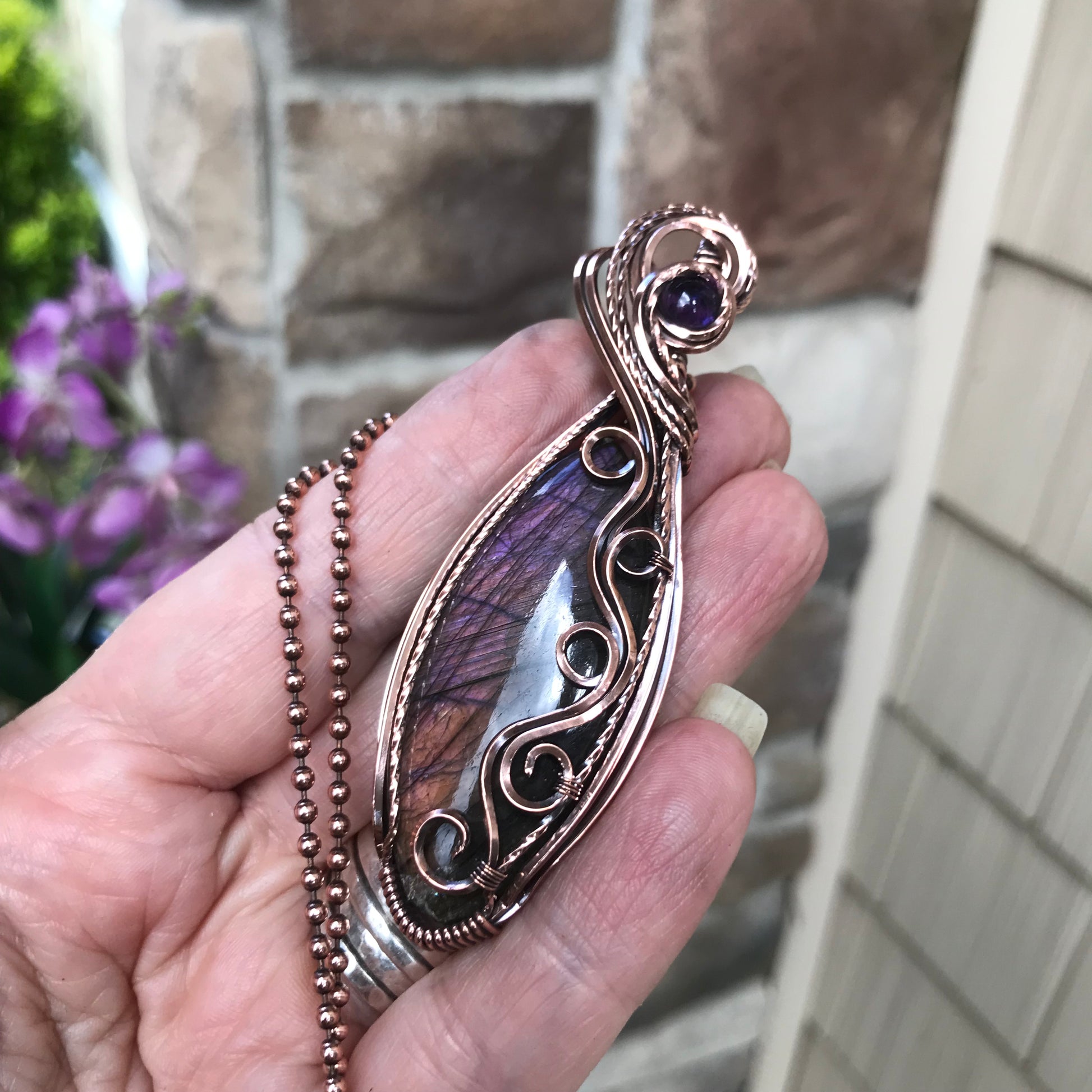 Purple Labradorite & Amethyst Swirly Copper Pendant