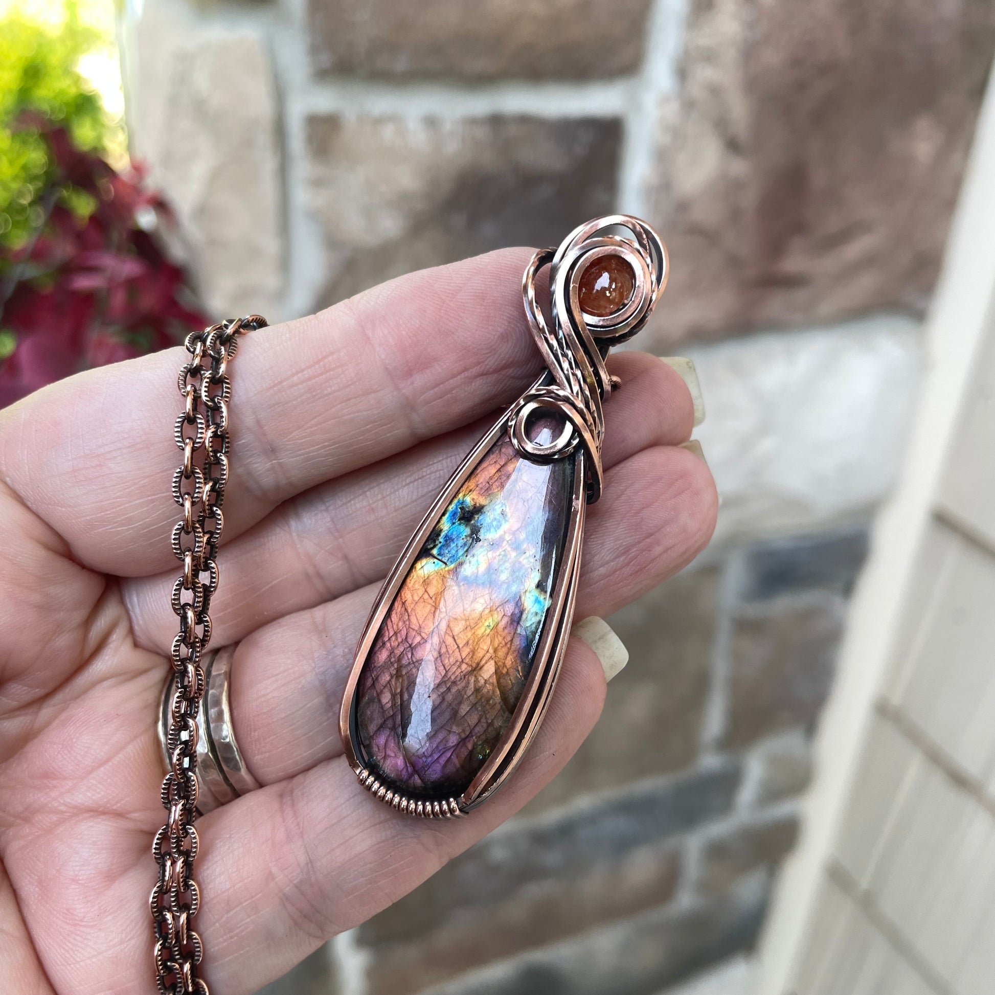 Orange & Purple Labradorite & Sunstone Slender Copper Pendant