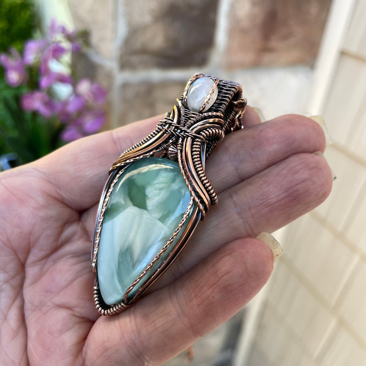 Larimar & Moonstone Copper Pendant with Weaving