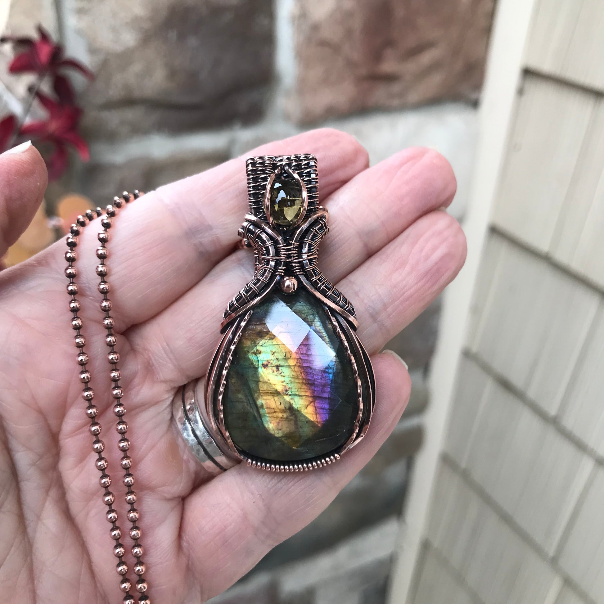 Yellow Purple Faceted Labradorite & Citrine Copper Pendant