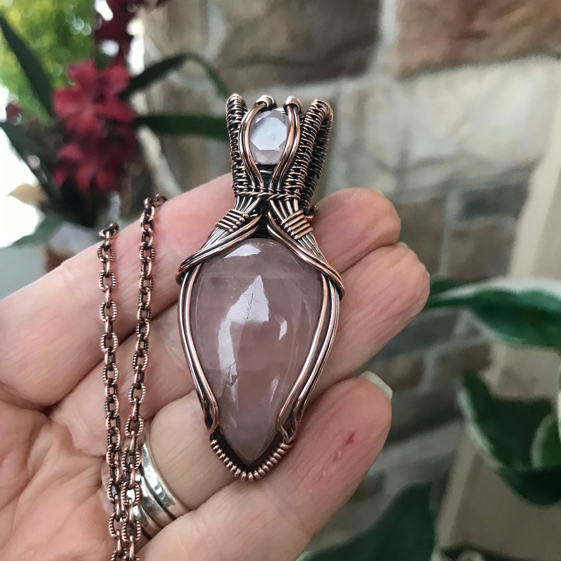 Rose Quartz with Faceted Rose Quartz Copper Pendant