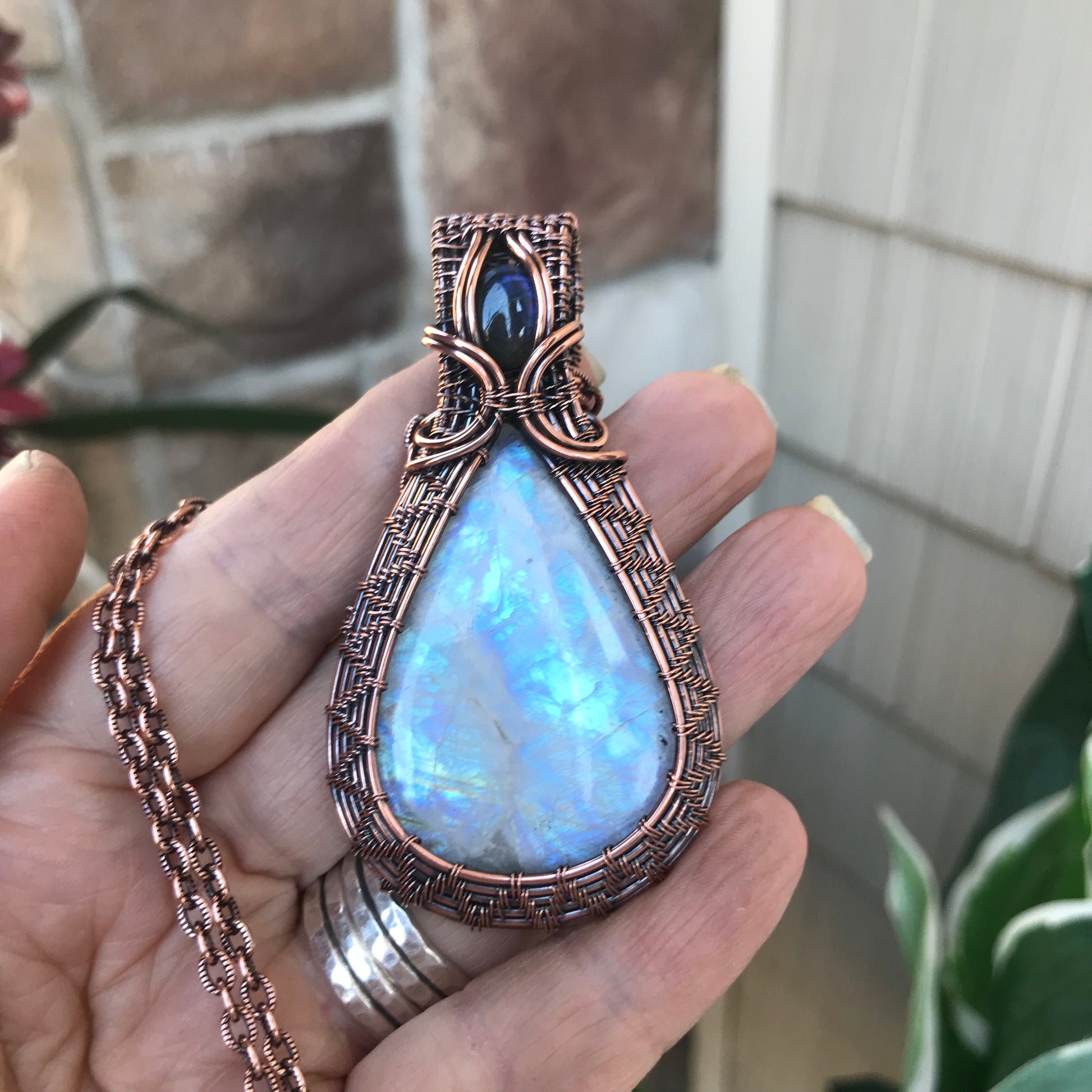 Rainbow Moonstone w/ Blue Labradorite Woven Copper Pendant