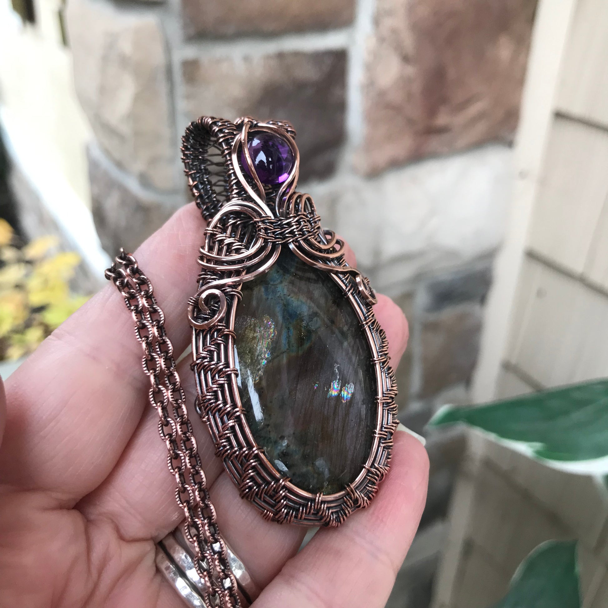 Purple Pink Labradorite & Amethyst Oval Copper Woven Pendant