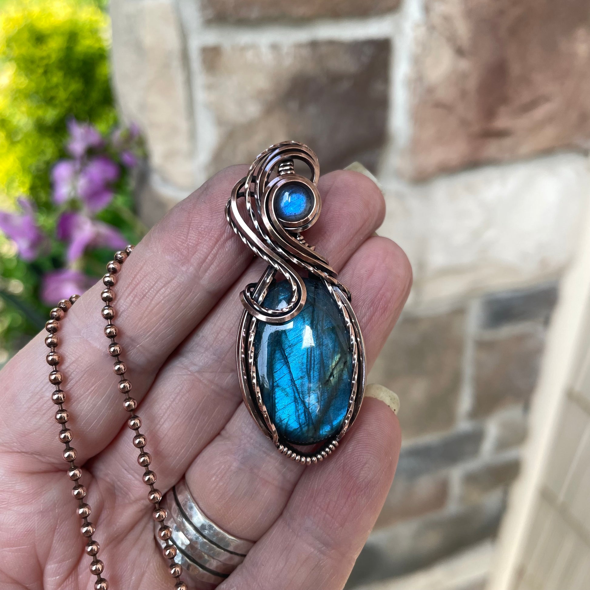 Blue Labradorite Swirly Copper Pendant