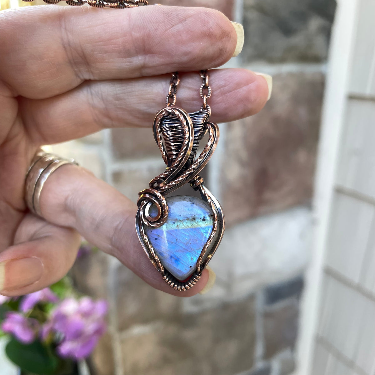 Blue Moonstone with Tourmaline Flecks Copper Pendant