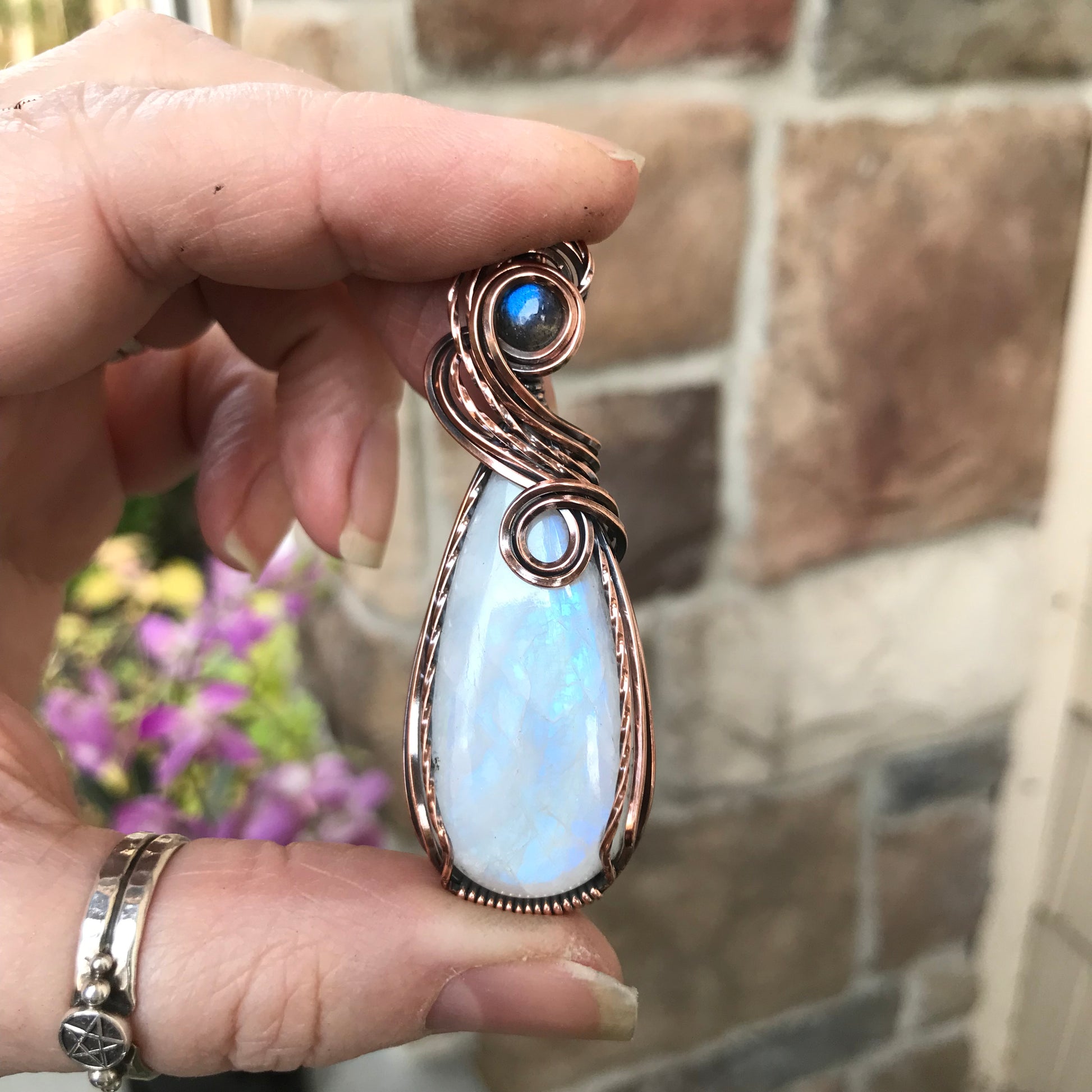 Rainbow Moonstone & Labradorite Copper Pendant