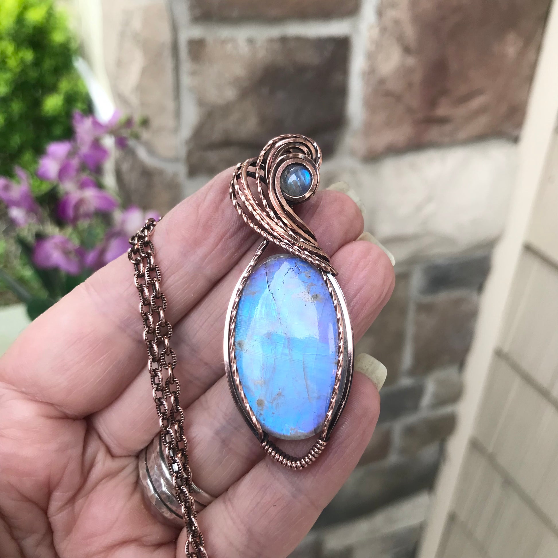 Blue Moonstone Oval Copper Pendant