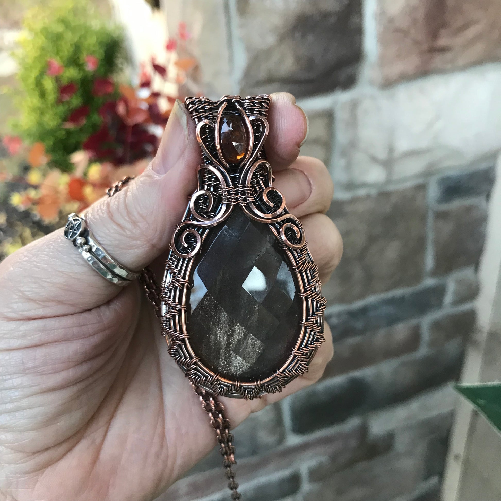 Sunstone & Hessonite Garnet Woven Copper Pendant