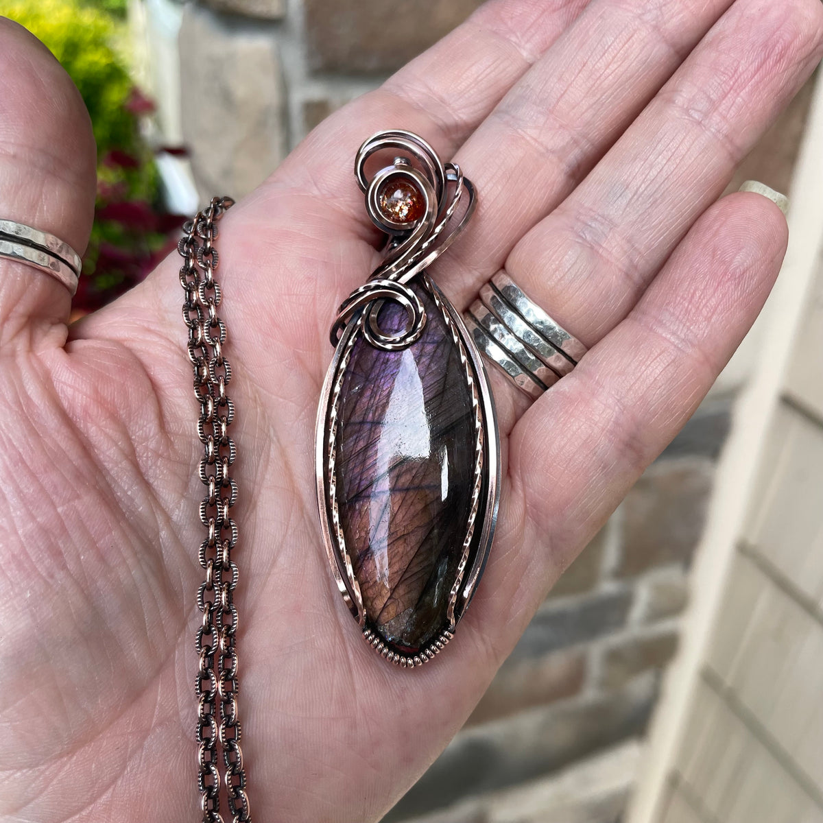Purple Amber Labradorite & Sunstone Slender Copper Pendant