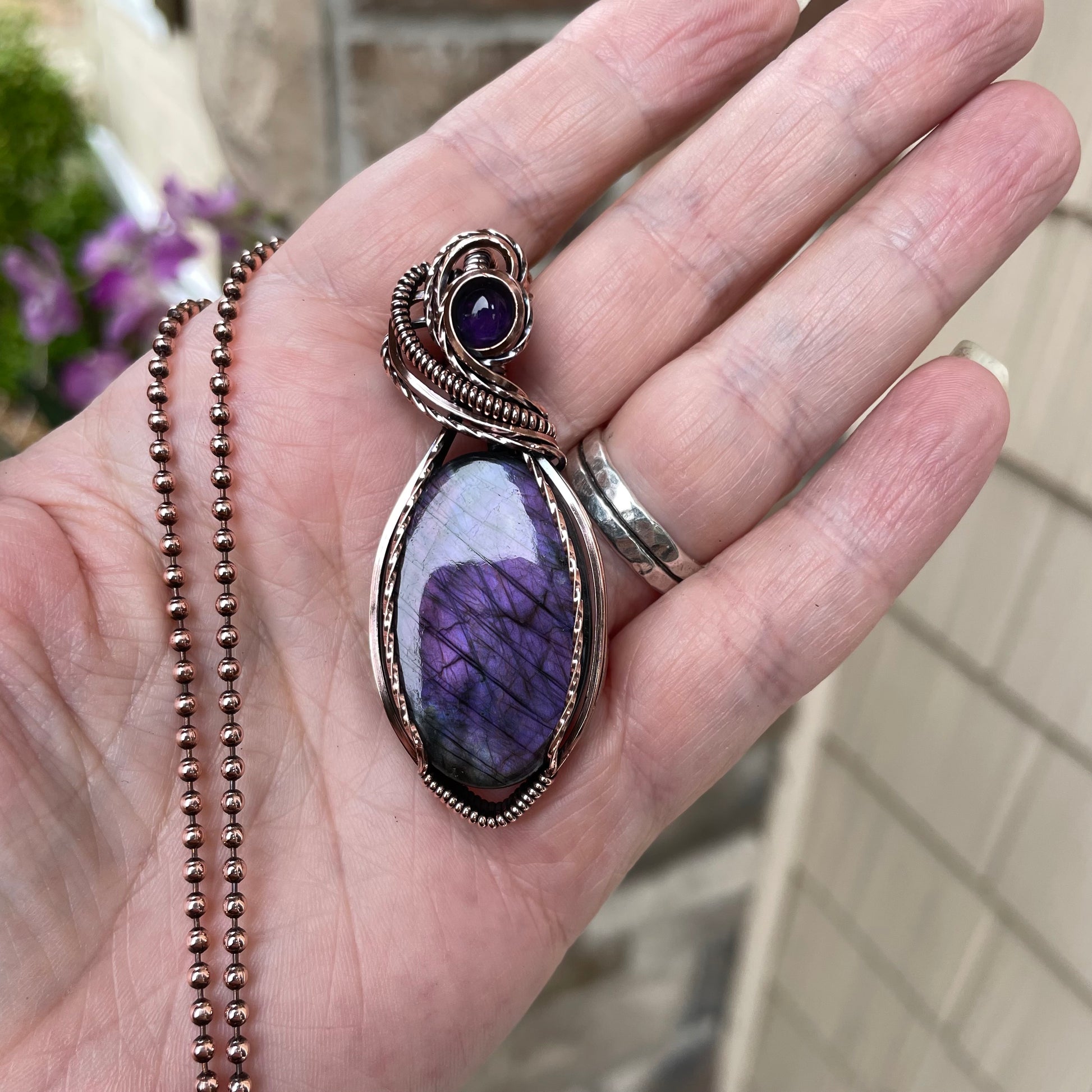 Purple Oval Labradorite & Amethyst Copper Pendant