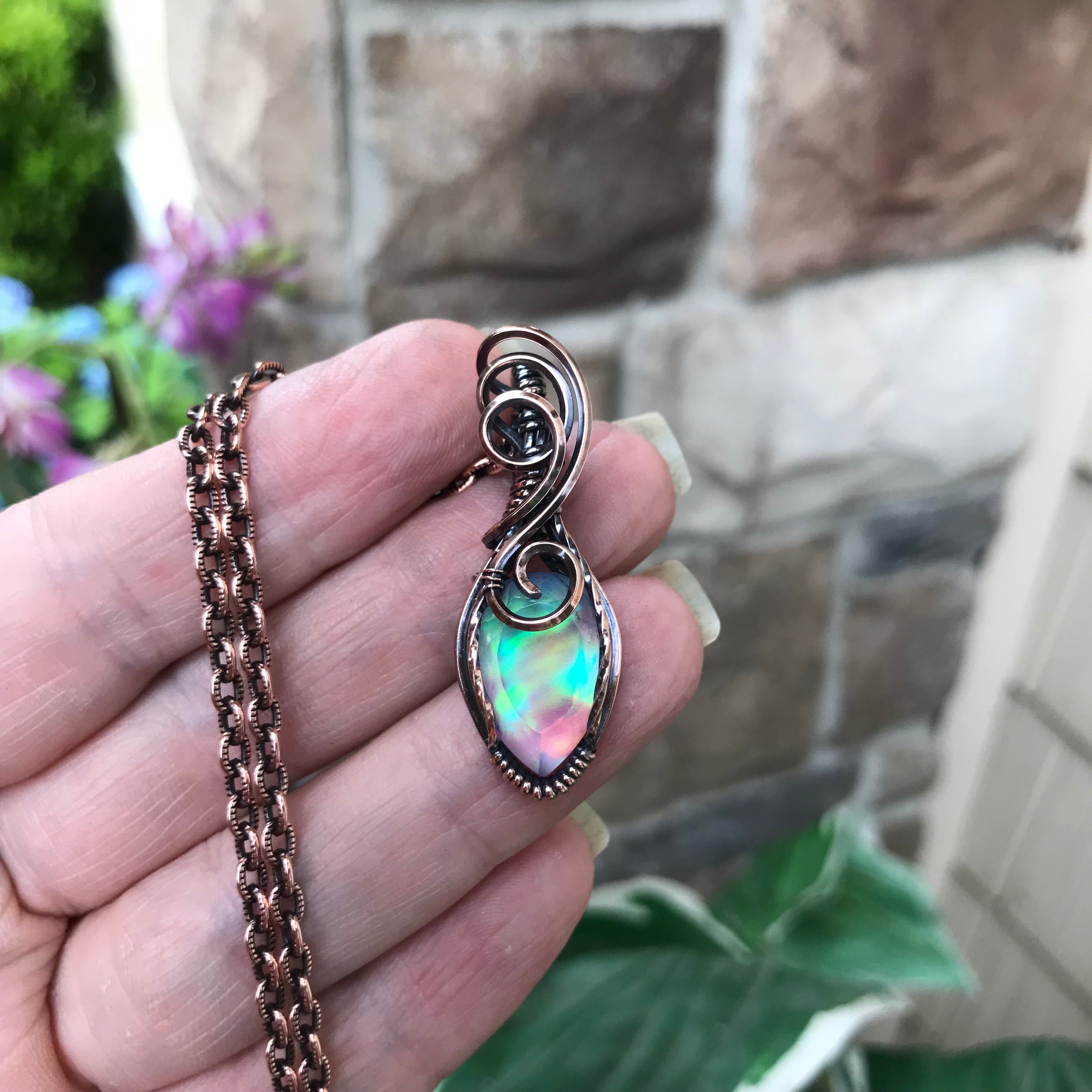Aurora Opal Small Green Rainbow Copper Pendant