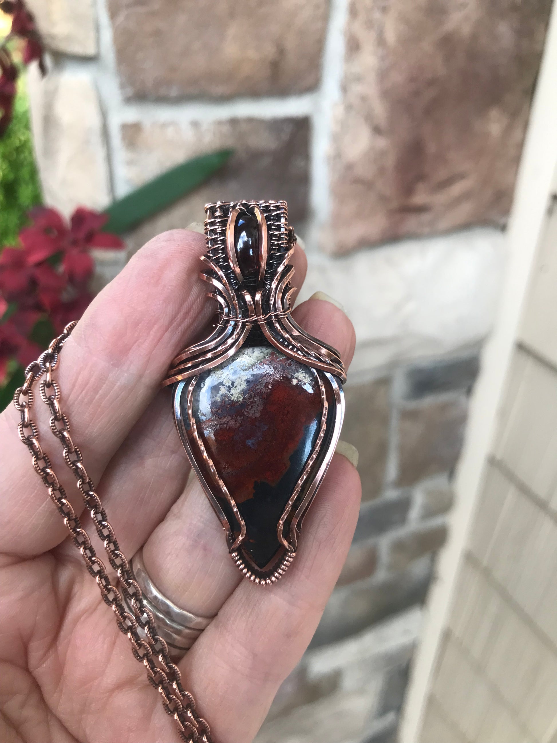 Maroon Crazy Lace Agate & Garnet Copper Pendant