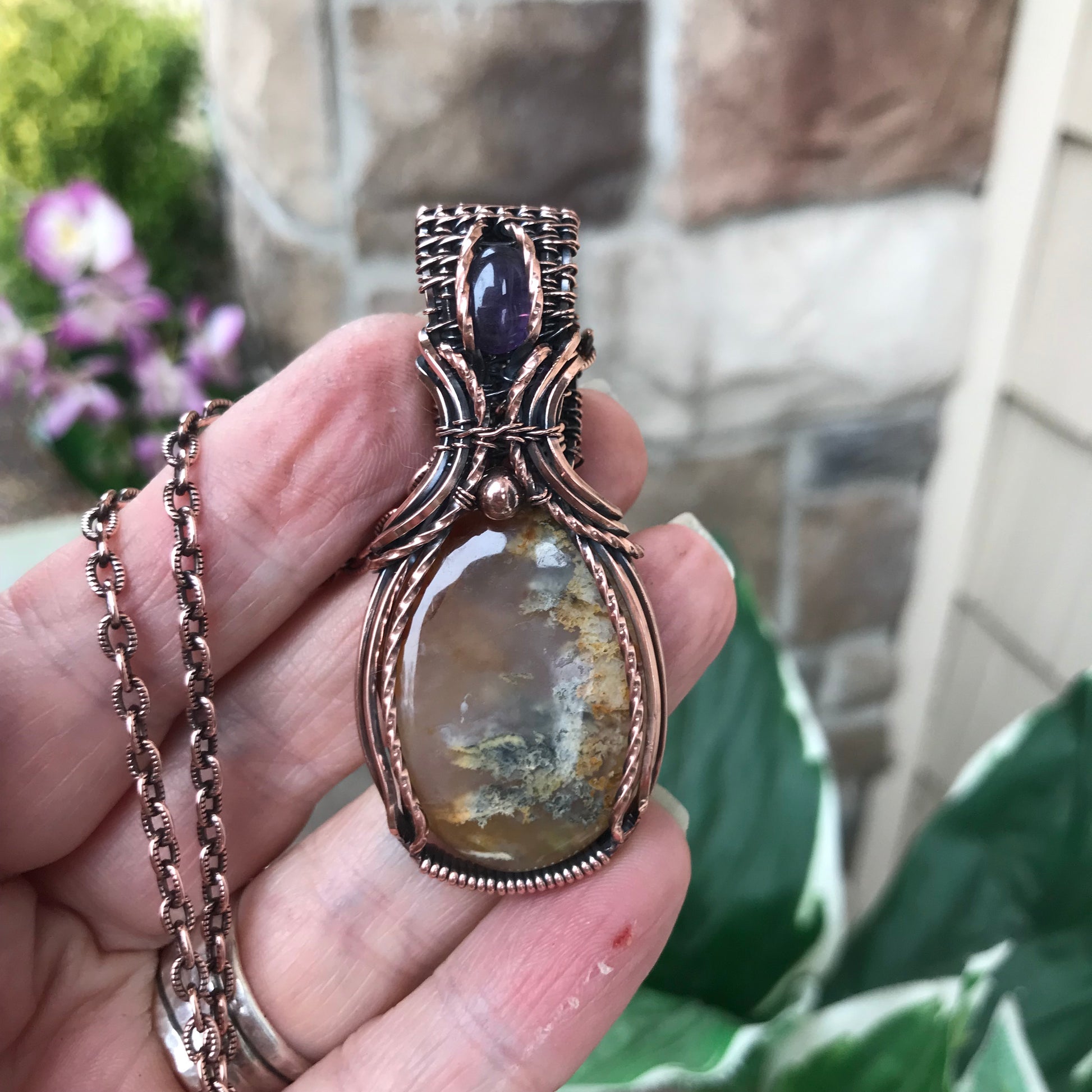 CUSTOM LISTING - Graveyard Point Plume Agate & Amethyst Copper Pendant