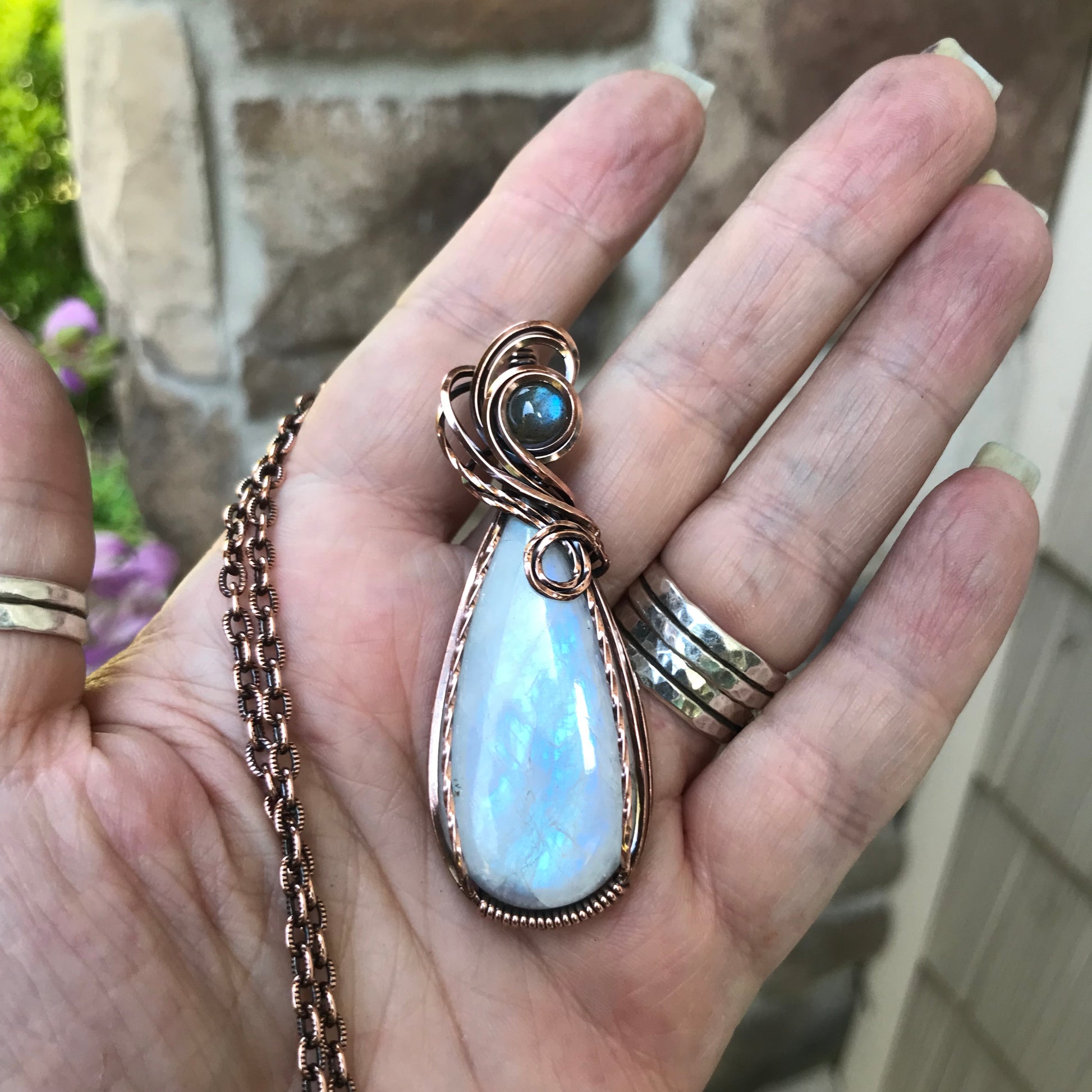 Moonstone & Blue Labradorite Swirly Copper Pendant
