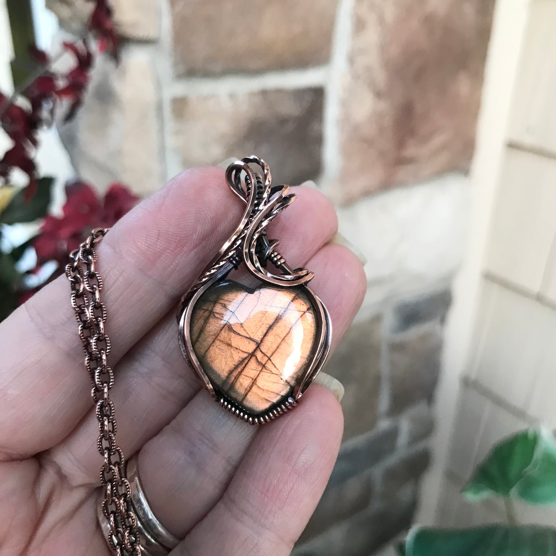 Golden Amber Labradorite Heart Copper Necklace