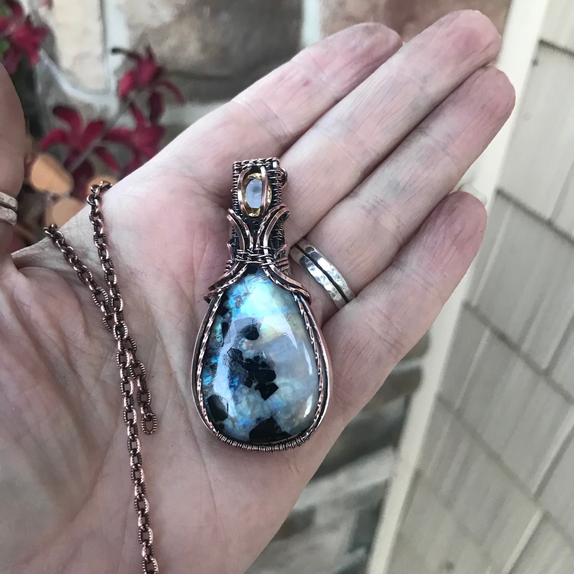 Moonstone with Black Tourmaline & Citrine Copper Necklace