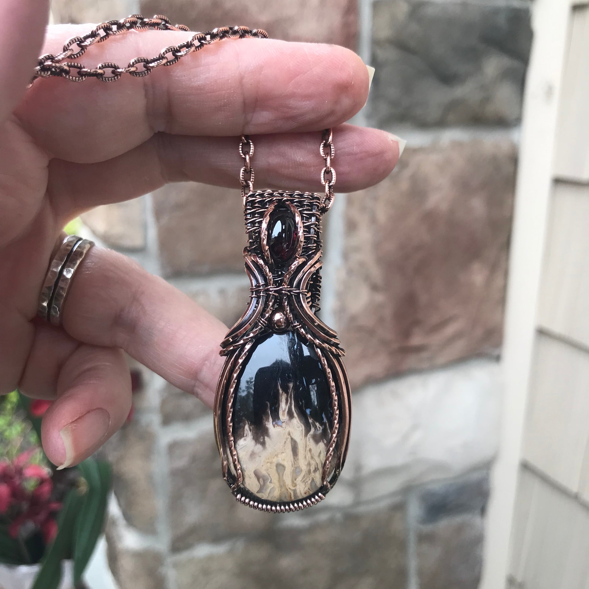 Petrified Palm Wood & Garnet Copper Necklace