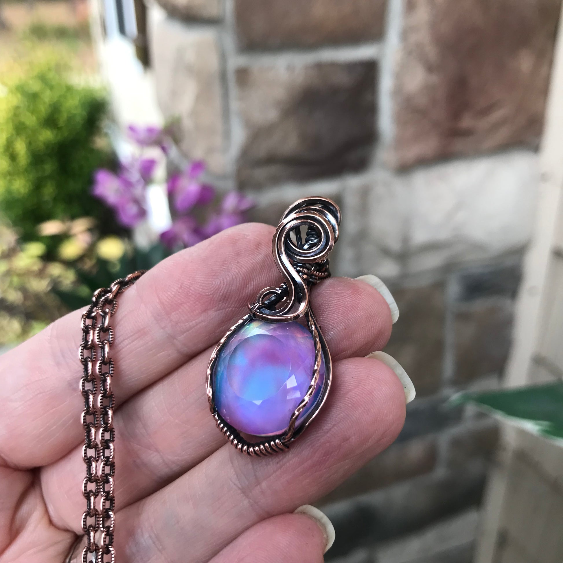 Aurora Opal Pastel Rainbow Round Copper Necklace