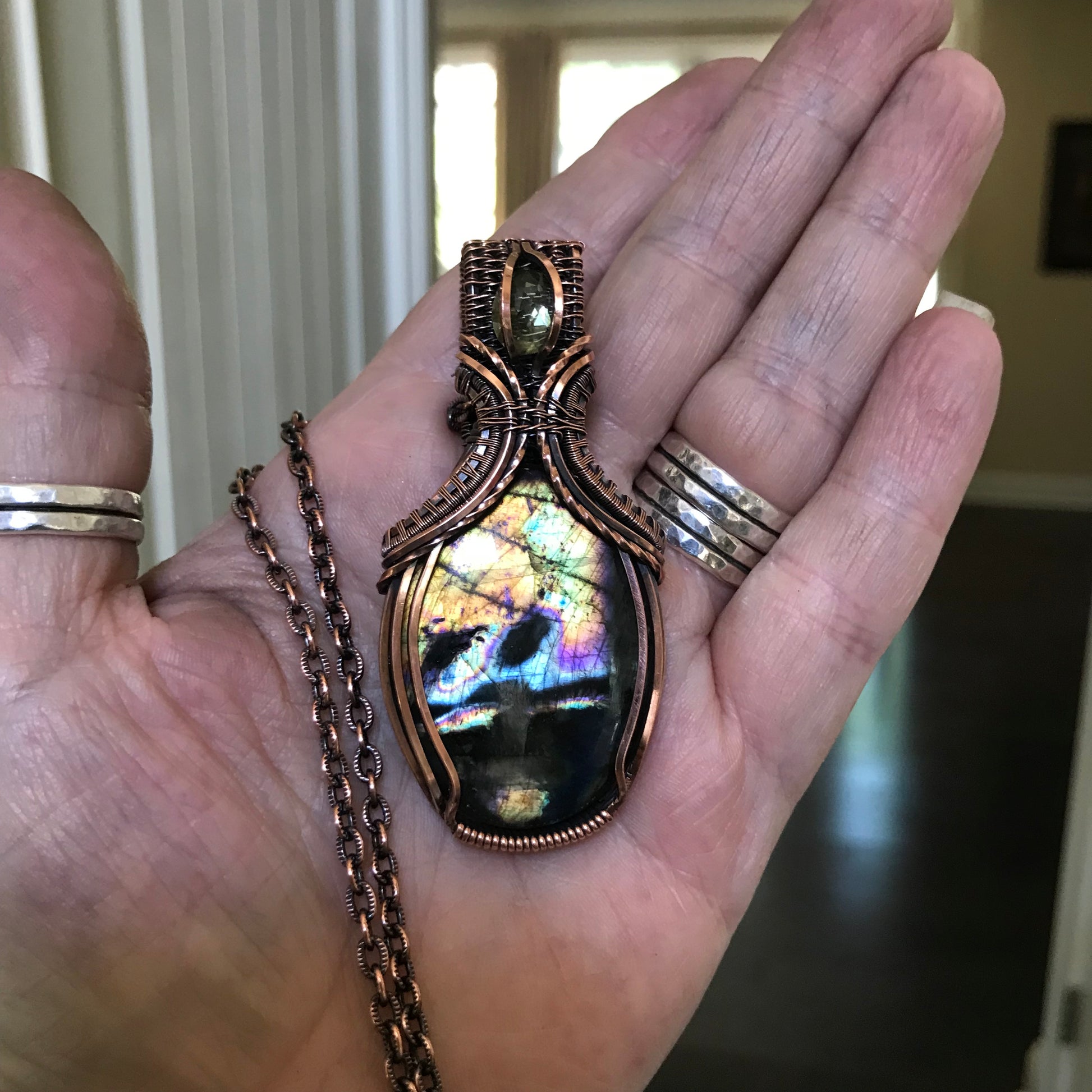 Yellow Orange Labradorite & Lemon Quartz Oval Copper Necklace with Weaving