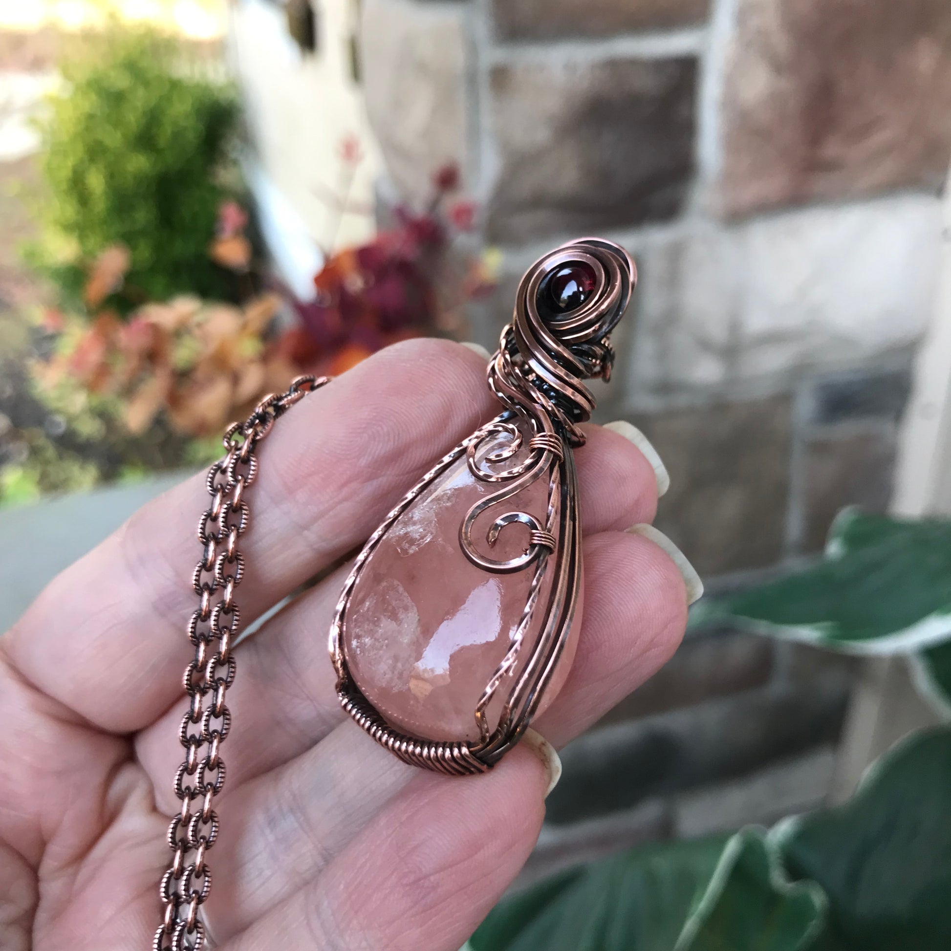 Morganite & Garnet Copper Pendant