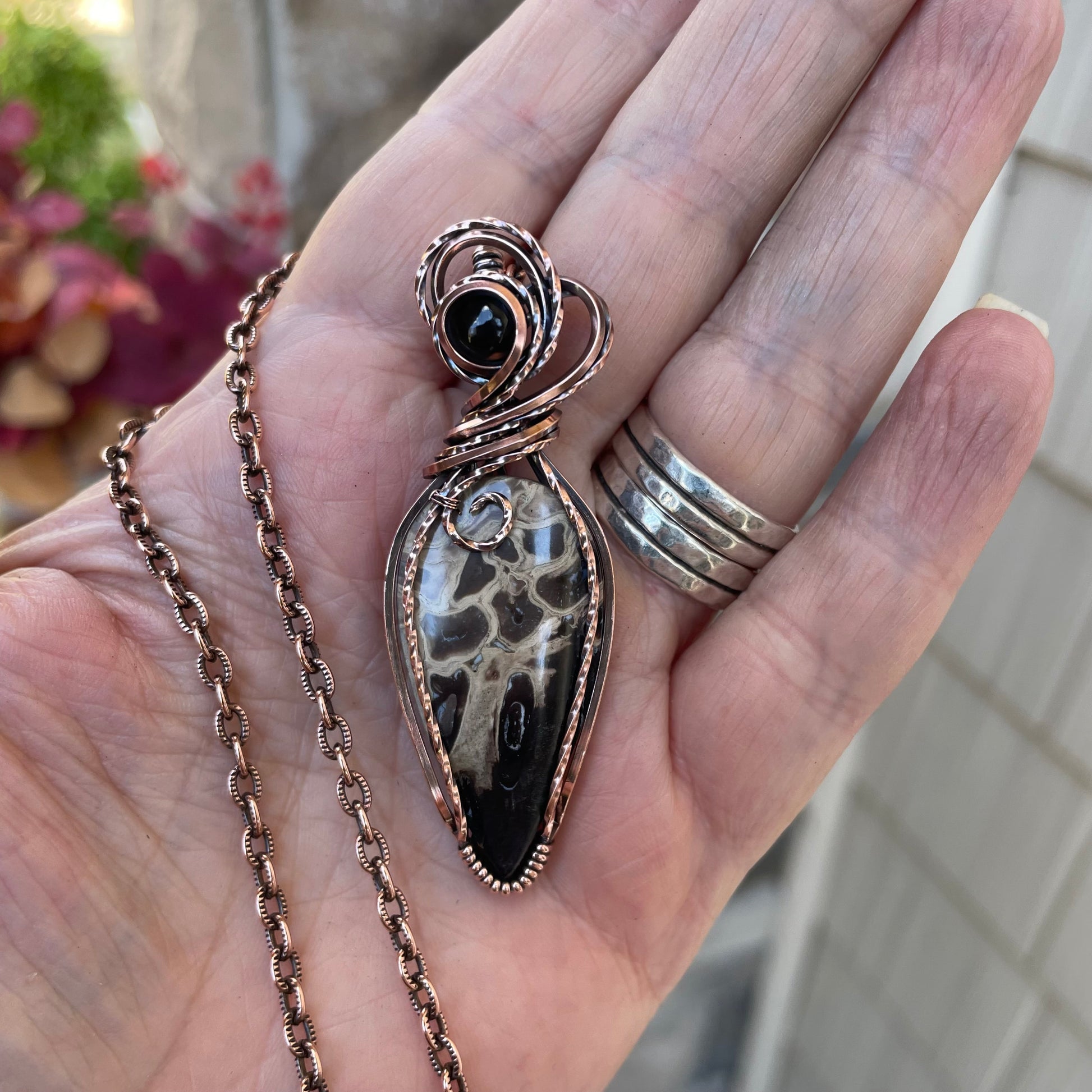 Petrified Palm Wood & Smoky Quartz Copper Necklace