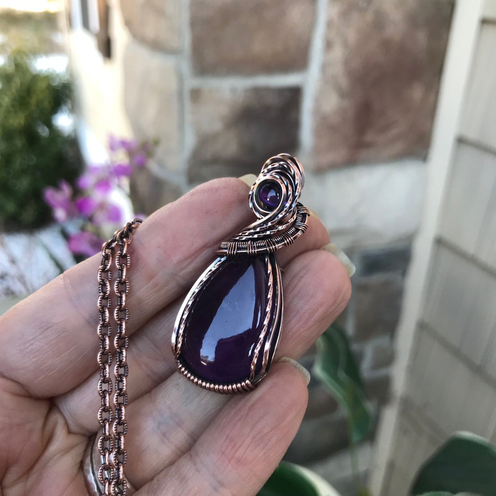 Amethyst with Amethyst Accent Teardrop Copper Pendant