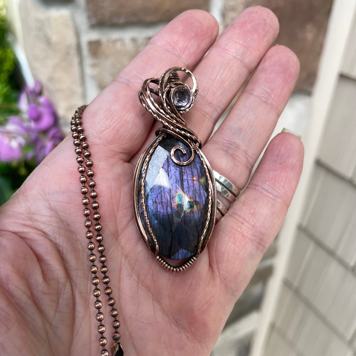 Faceted Purple Oval Labradorite & Pink Amethyst Copper Pendant