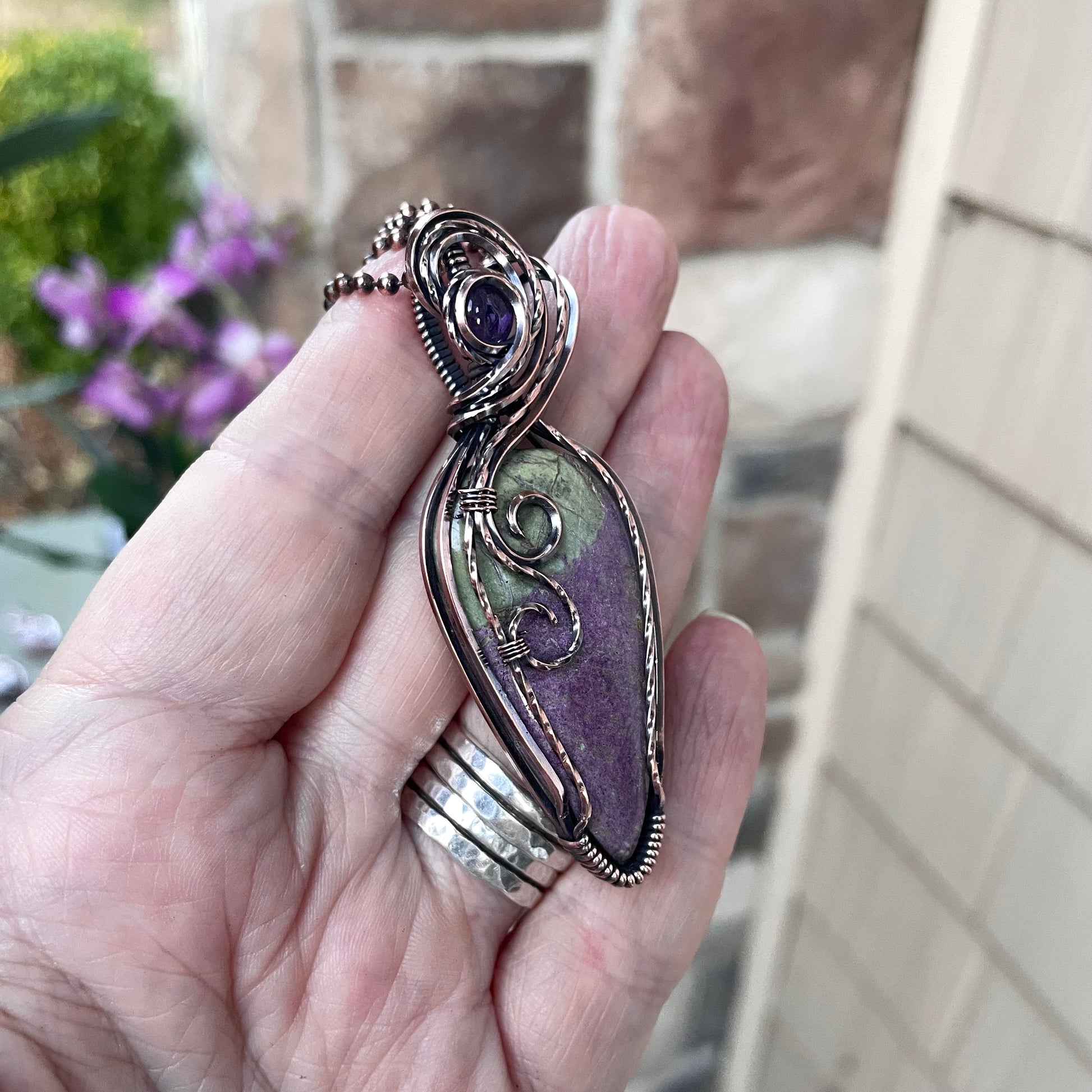 Stichtite & Amethyst Slender Swirly Copper Pendant