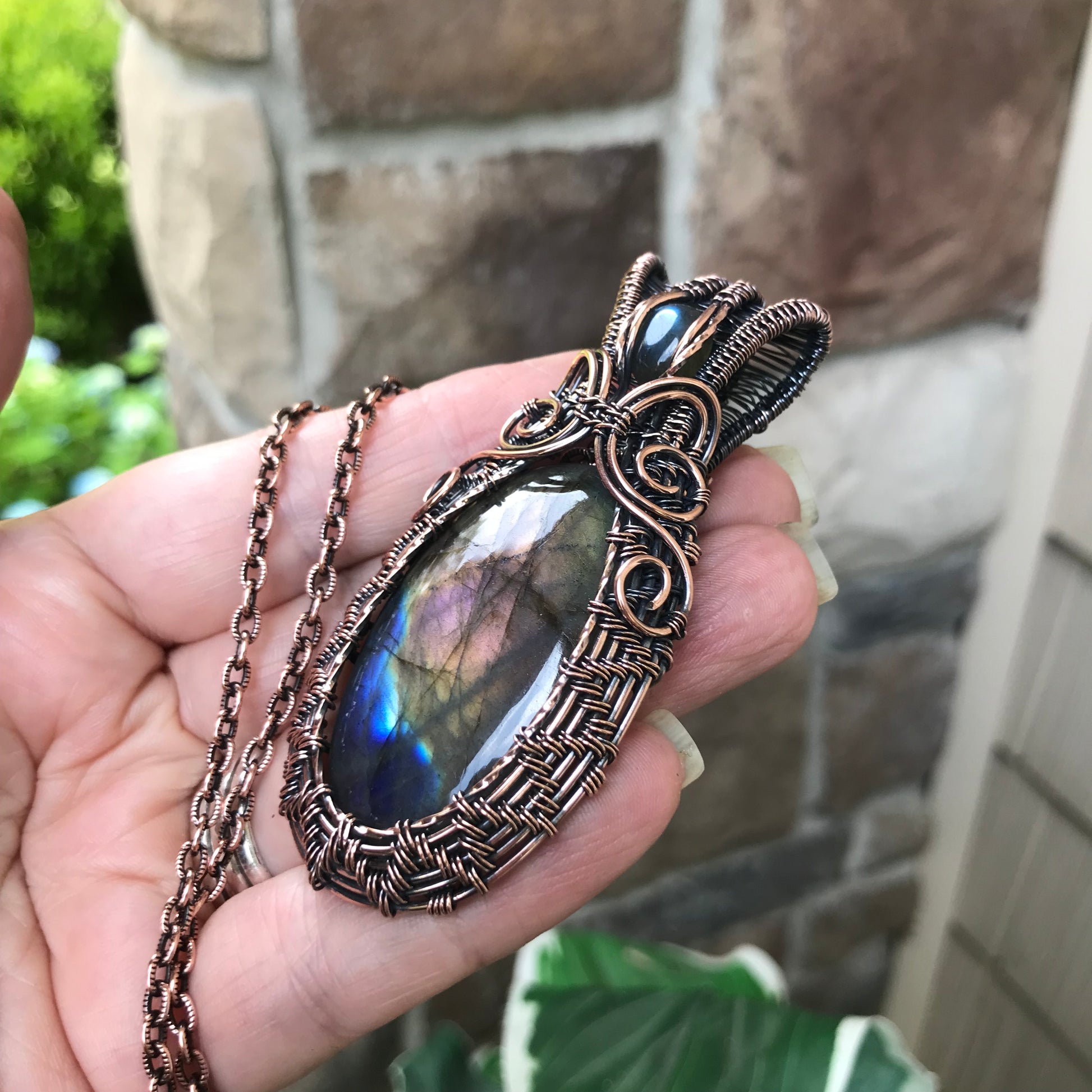 Rainbow Labradorite Woven Copper Pendant