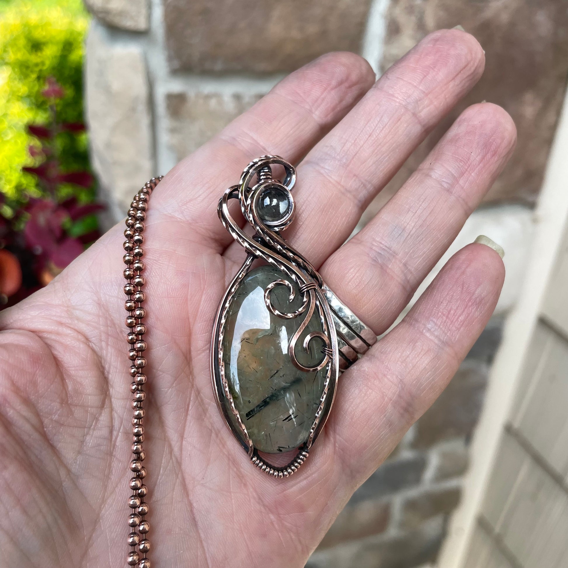 Prehnite & Prasiolite Swirly Copper Pendant