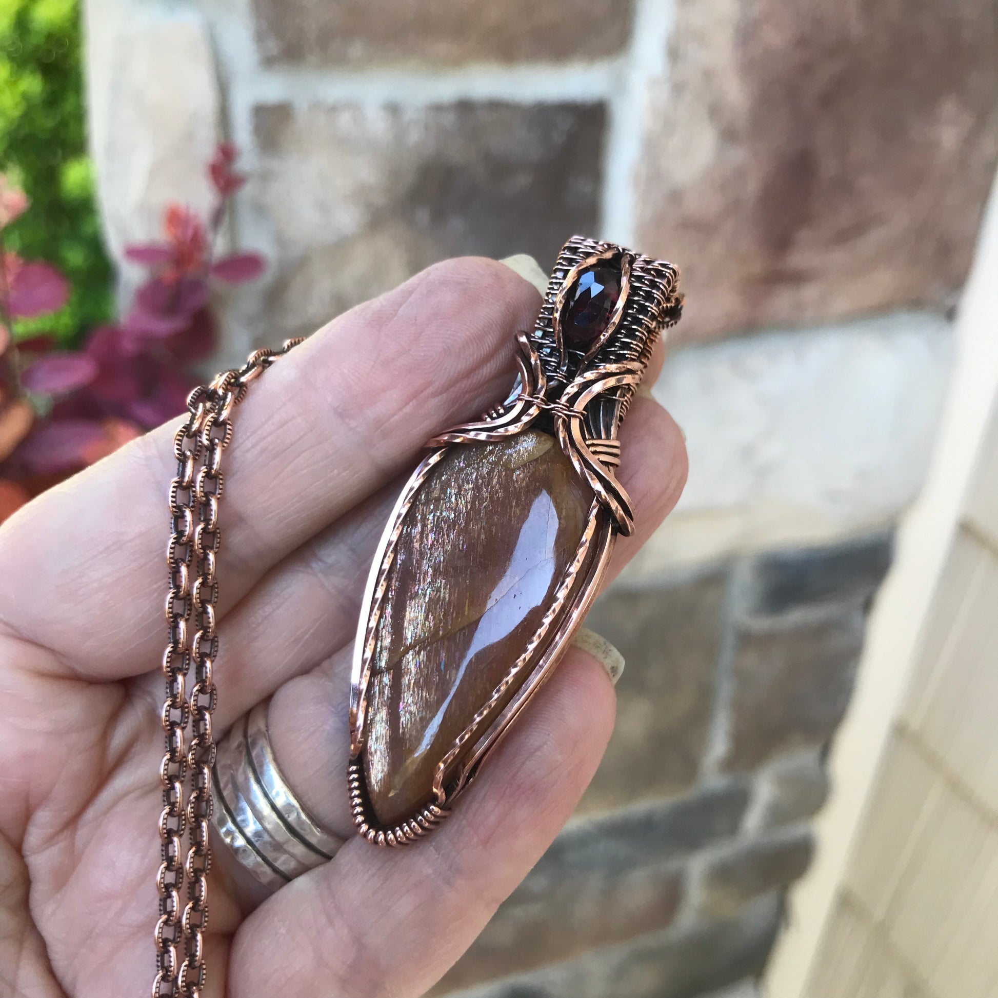 Sunstone & Garnet Copper Pendant