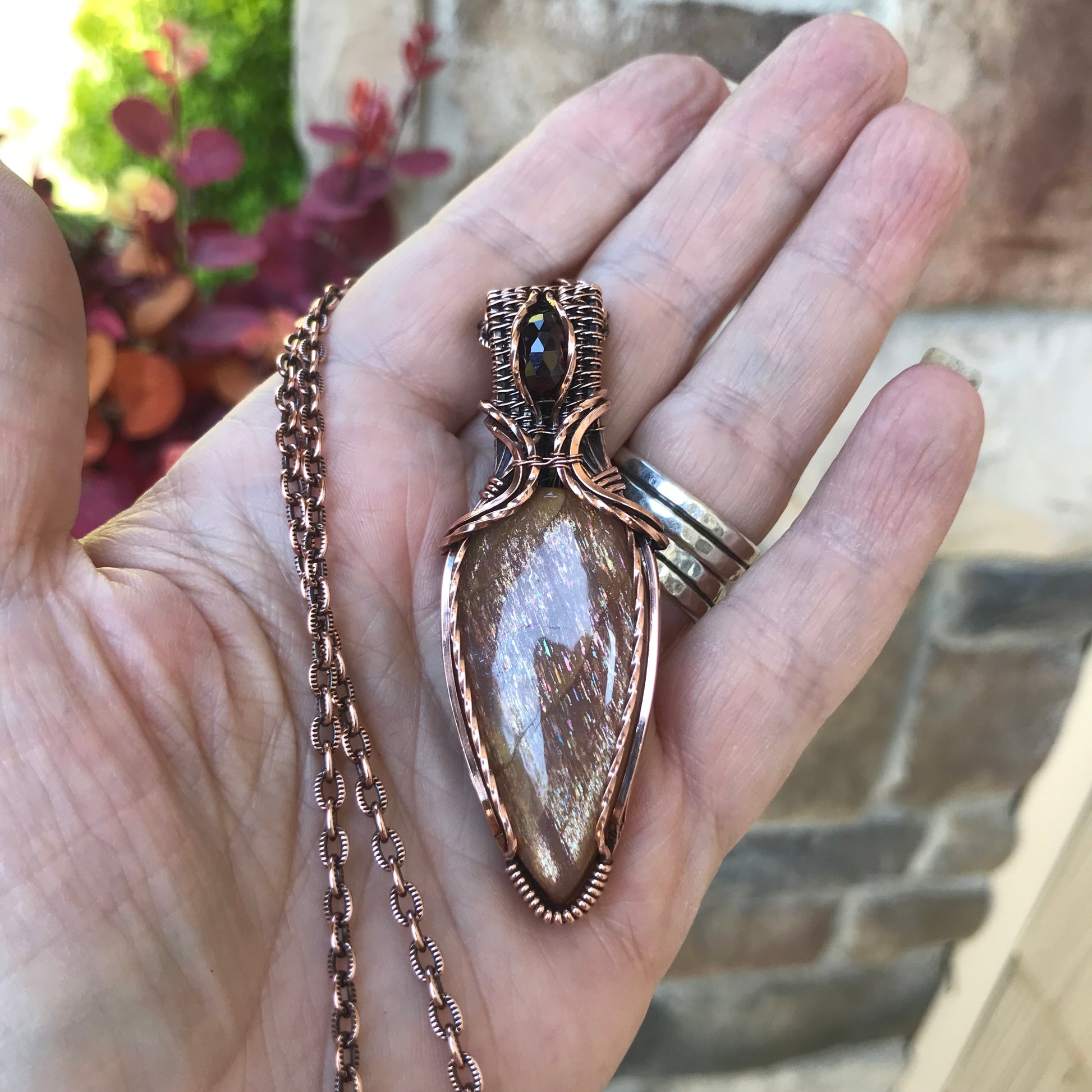 Sunstone & Garnet Copper Pendant