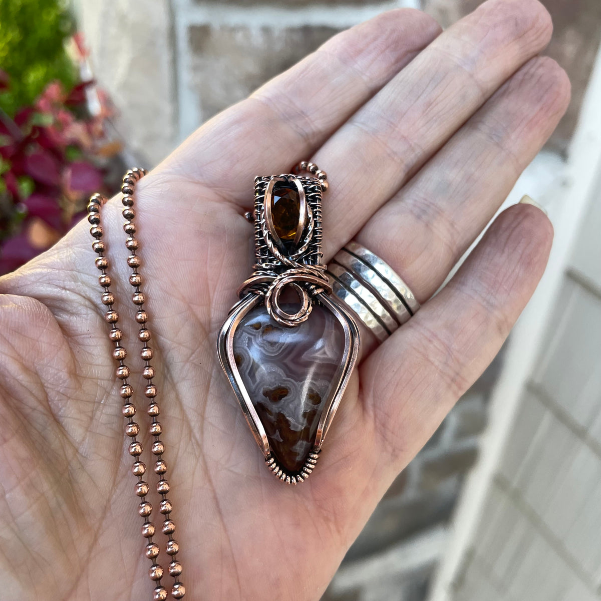 Pink Agua Nueva Plume Moss Agate & Honey Garnet Copper Necklace